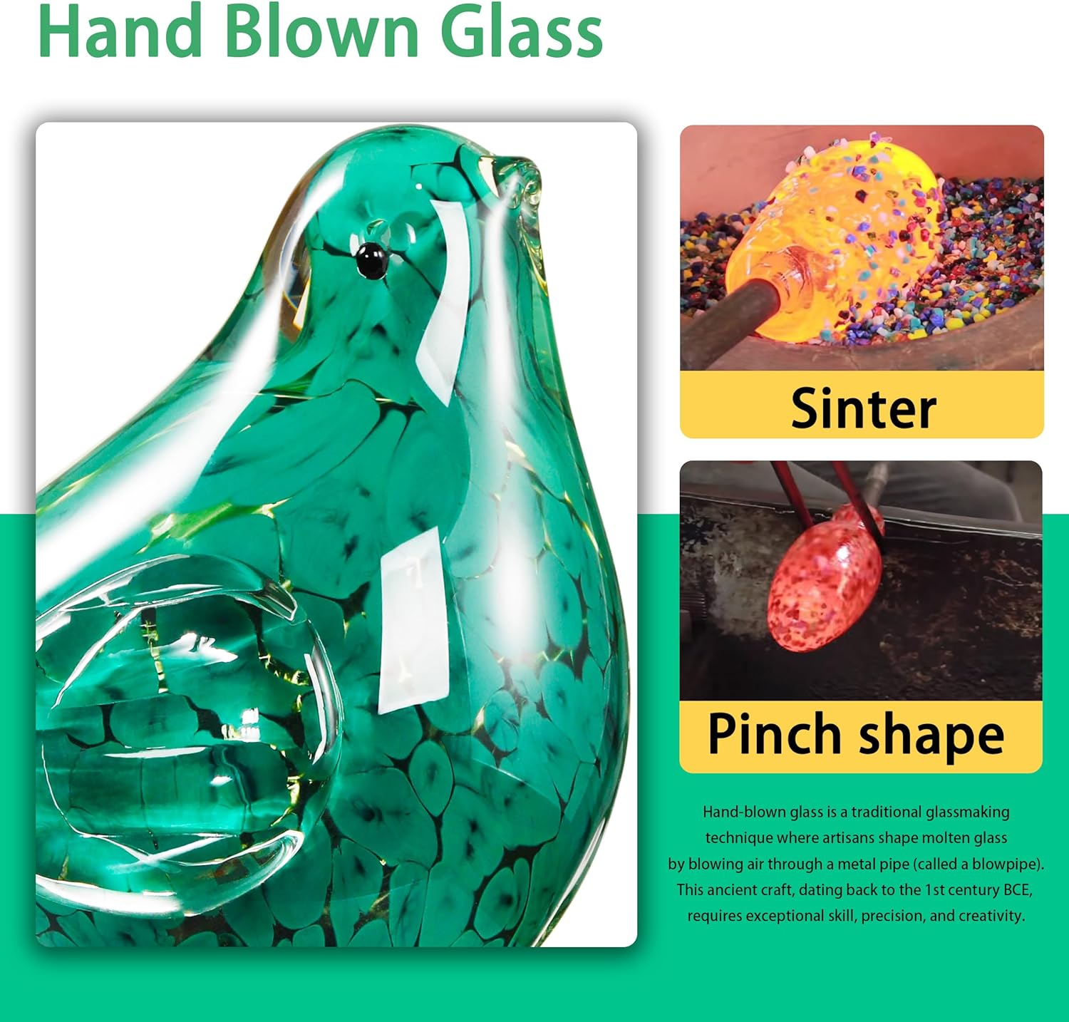 Handmade Glass Bird Figurine Dark Green