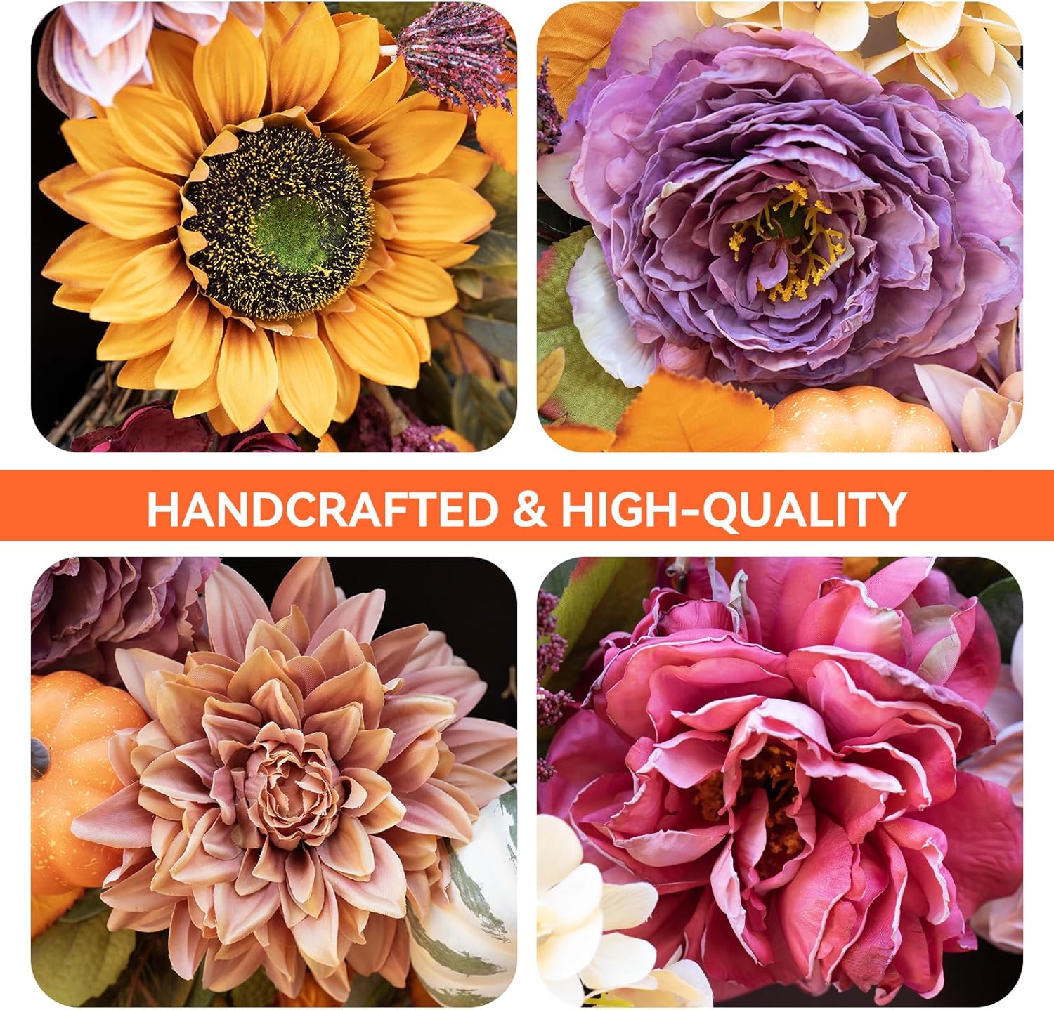 24 Inch Fall Wreath with Sunflowers Pumpkins Peonies Hydrangeas Dahlias Eucalyptus