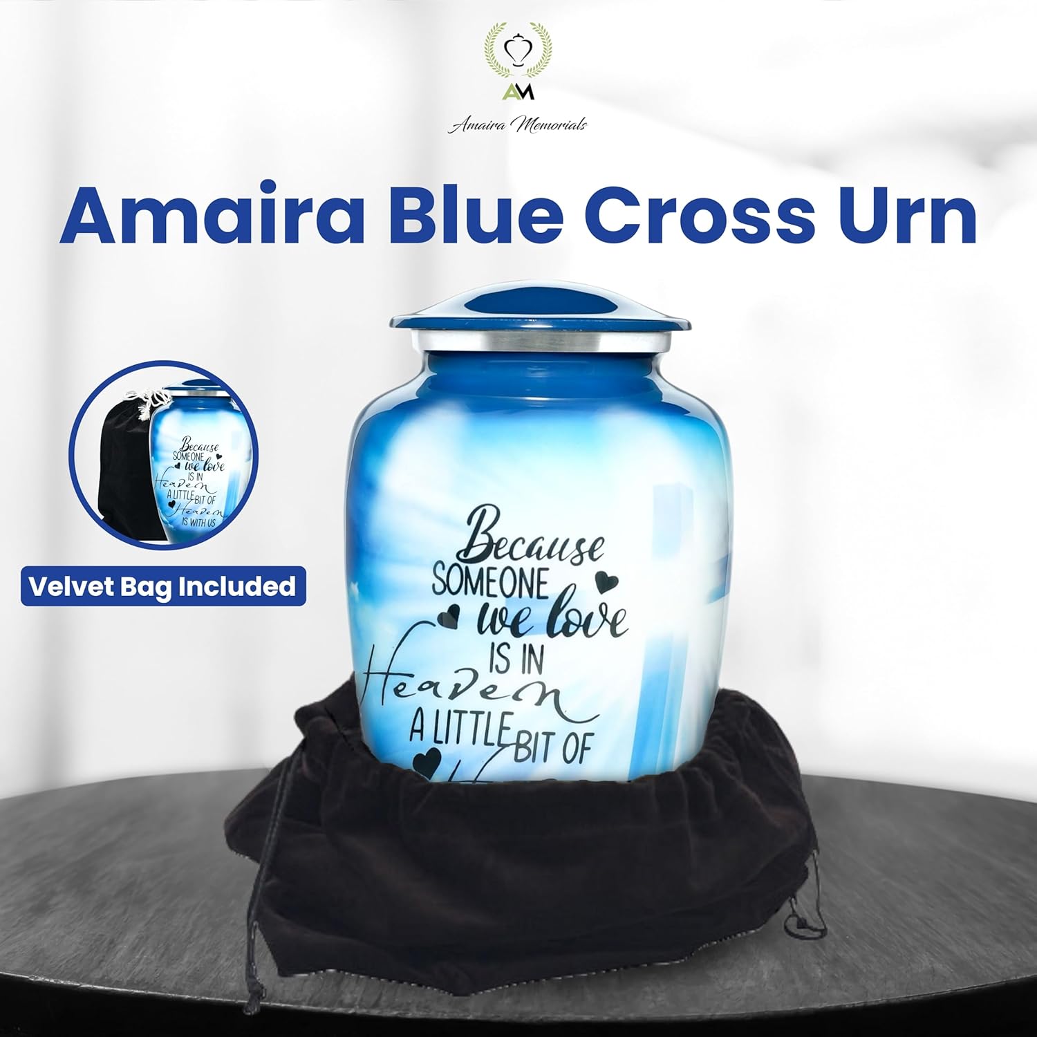 Handcrafted Blue Cross Urn for Human Ashes - 200 LBS Capacity