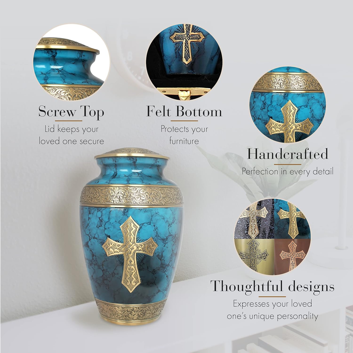 Blue Cross Cremation Urn for Ashes - Handcrafted Decorative Urn