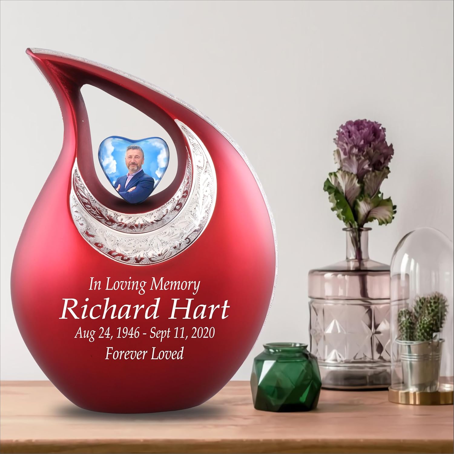 Personalized Photo Text Red Teardrop Cremation Urns for Adult Ashes