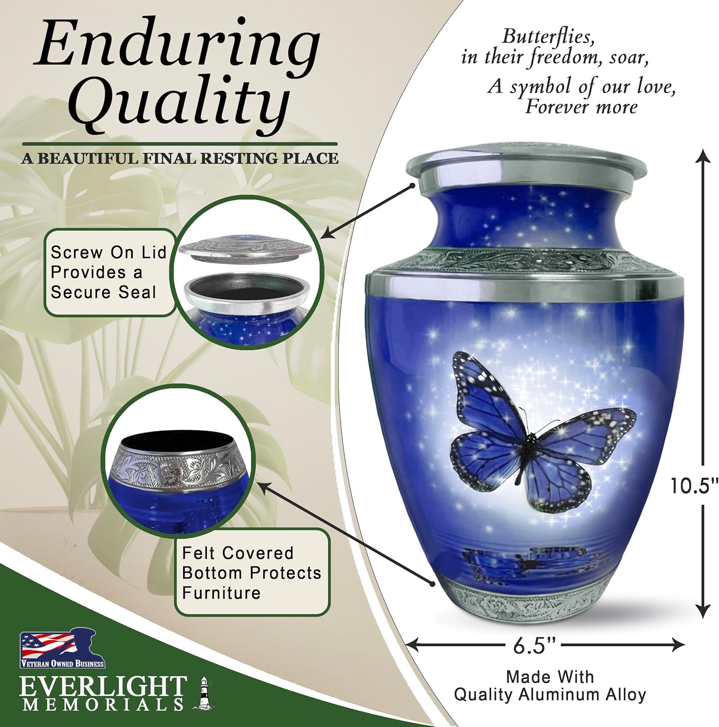 Blue Butterfly Urn for Ashes Elegant Home Display Urn
