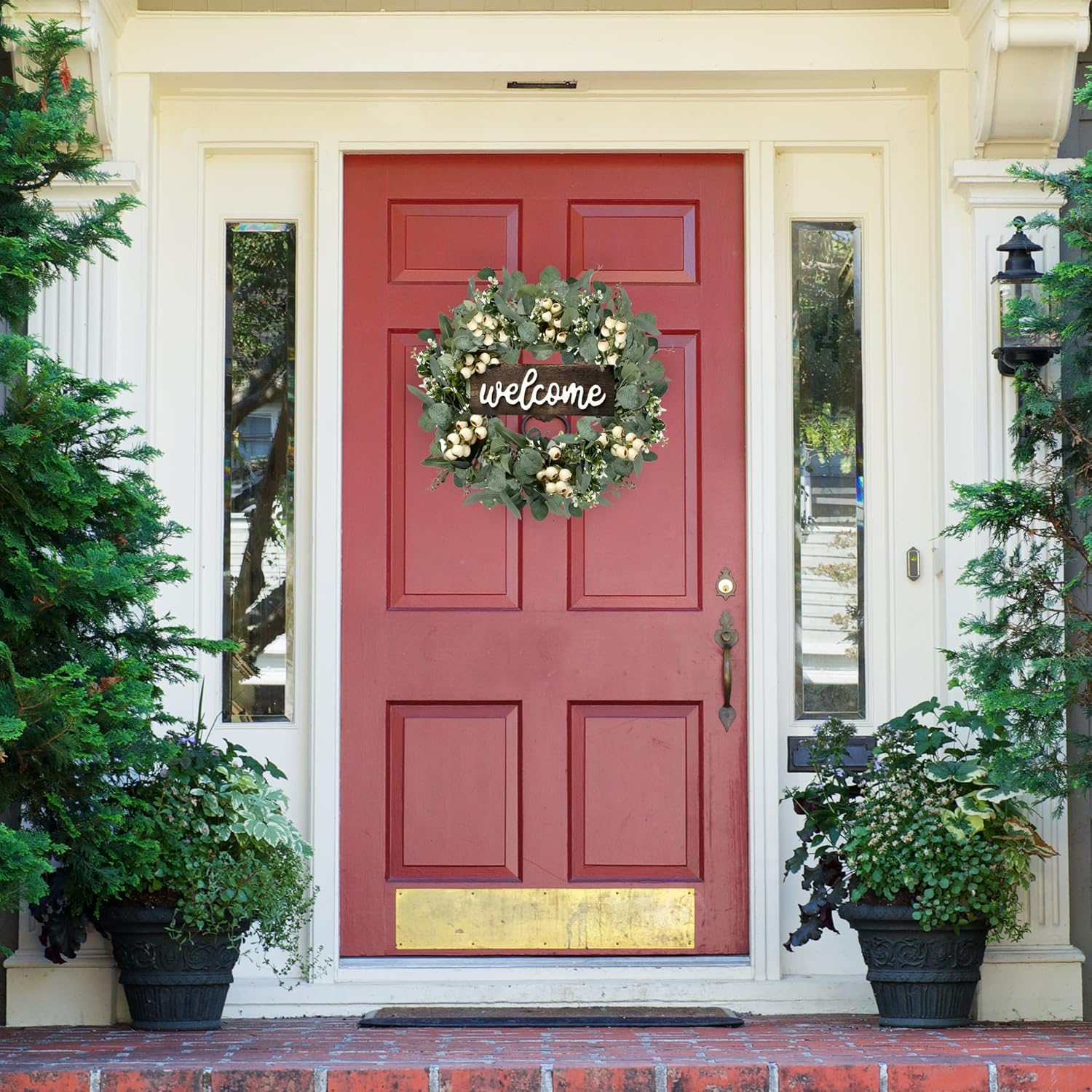 Green Artificial Eucalyptus Wreath with Welcome Sign 20in Decor