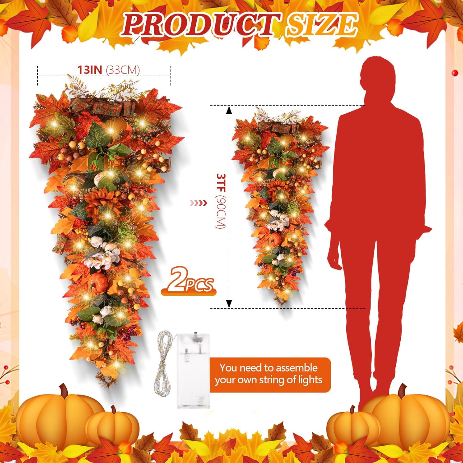 Hotop 2 Pcs 36 Inch Artificial Fall Wreath with LED Lights