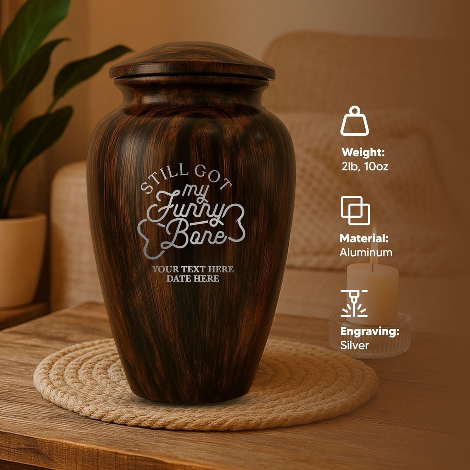 Funny Cremation Urn with Painted Wood Finish and Aluminum Build