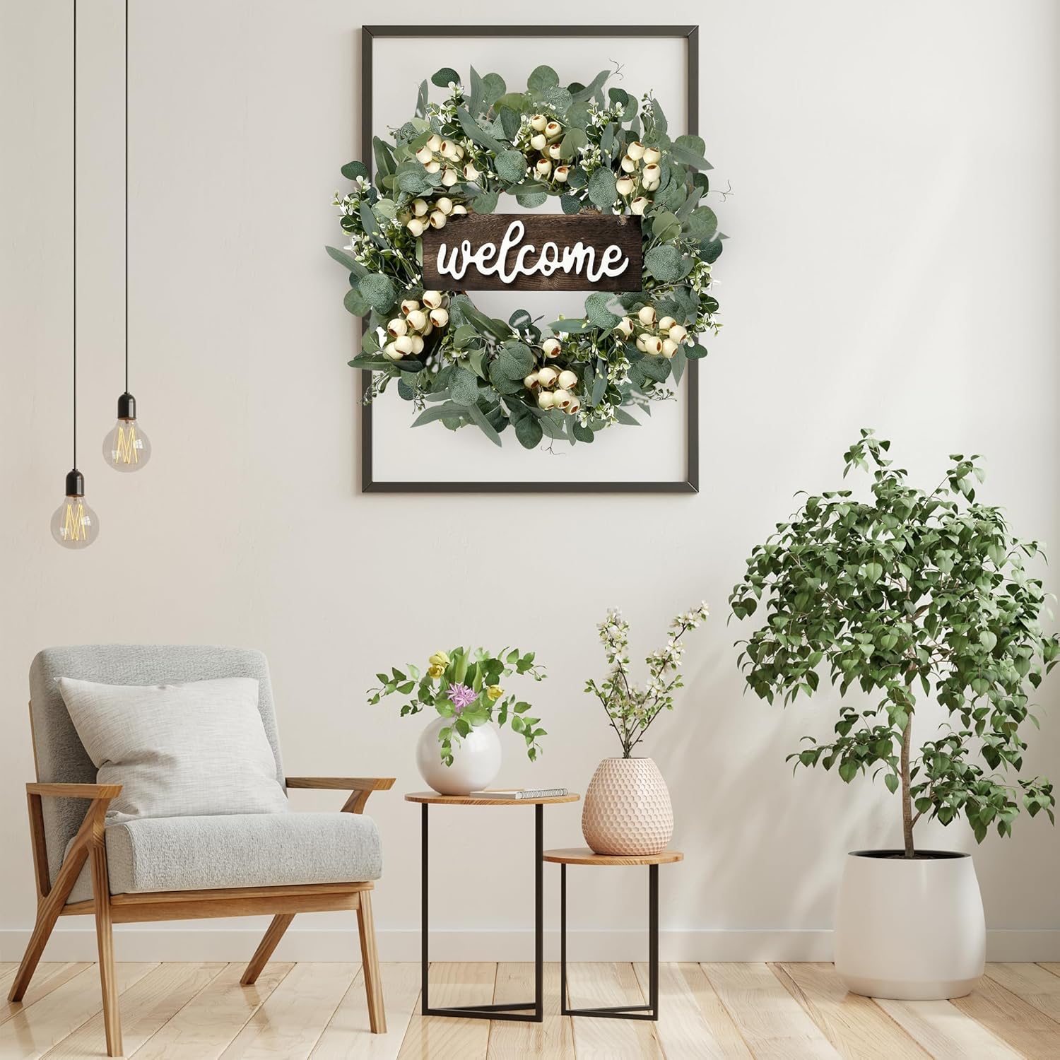 Green Artificial Eucalyptus Wreath with Welcome Sign 20in Decor