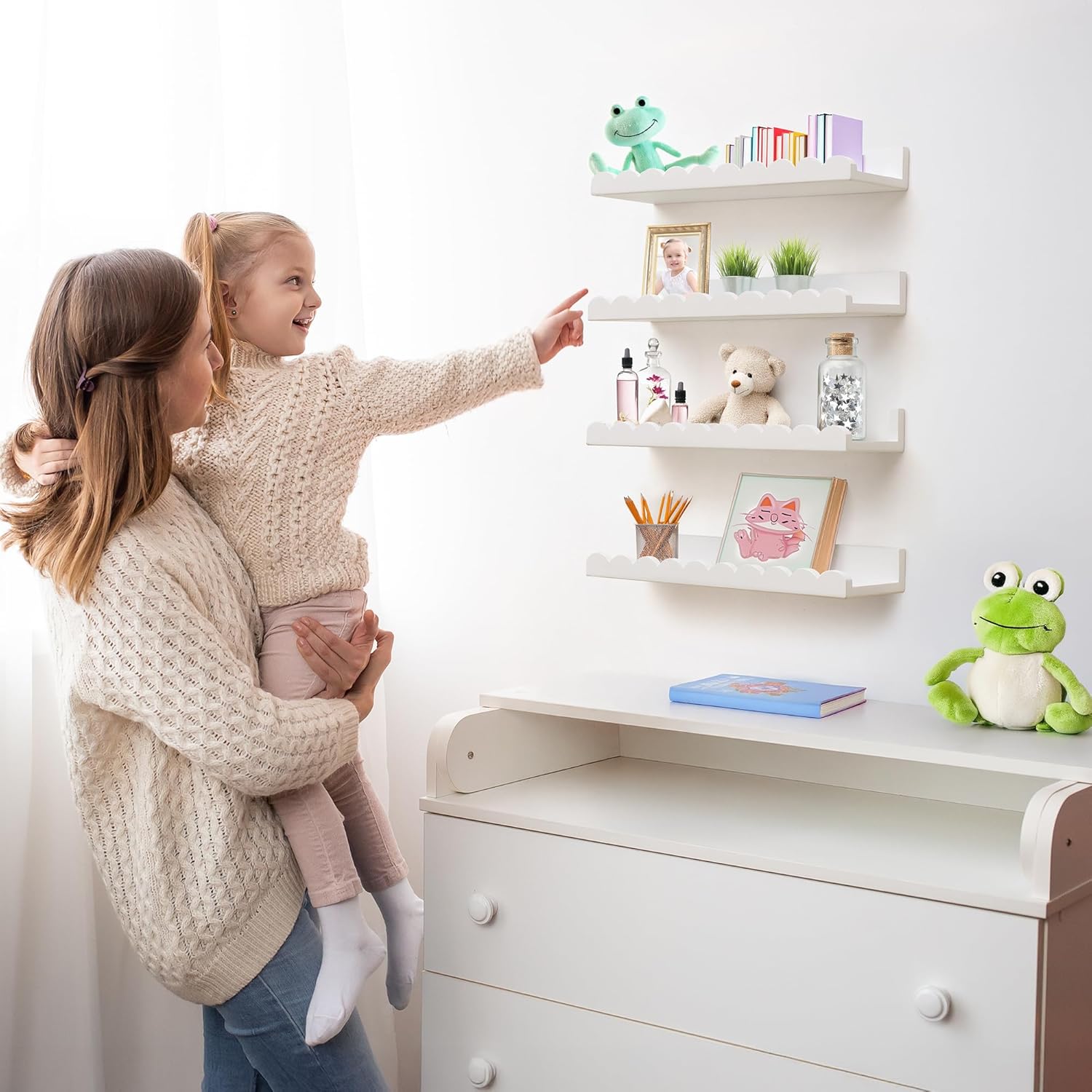Scalloped Floating Book Shelves Set of 4 White Nursery Shelves