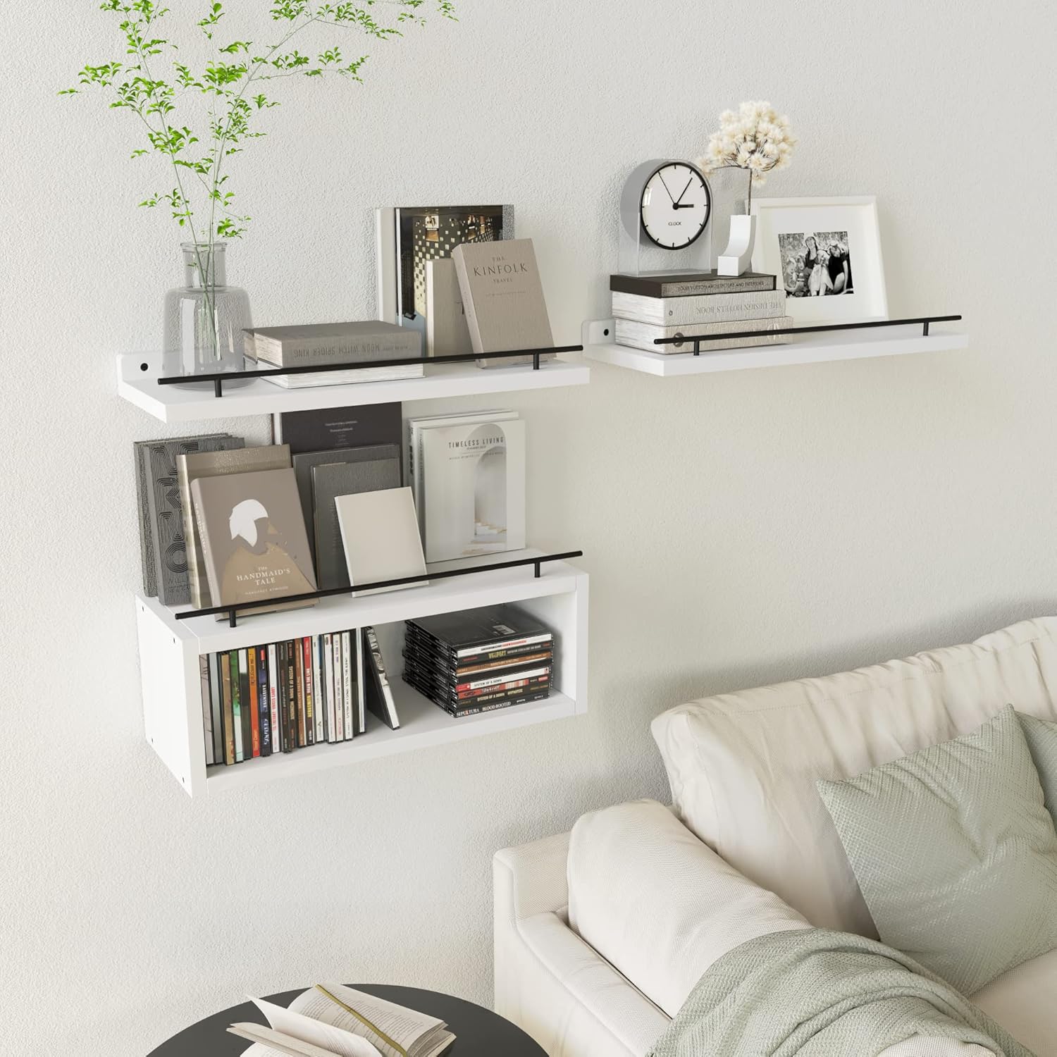 WOPITUES Floating Shelves for Wall with Cube Shelf and Metal Rail