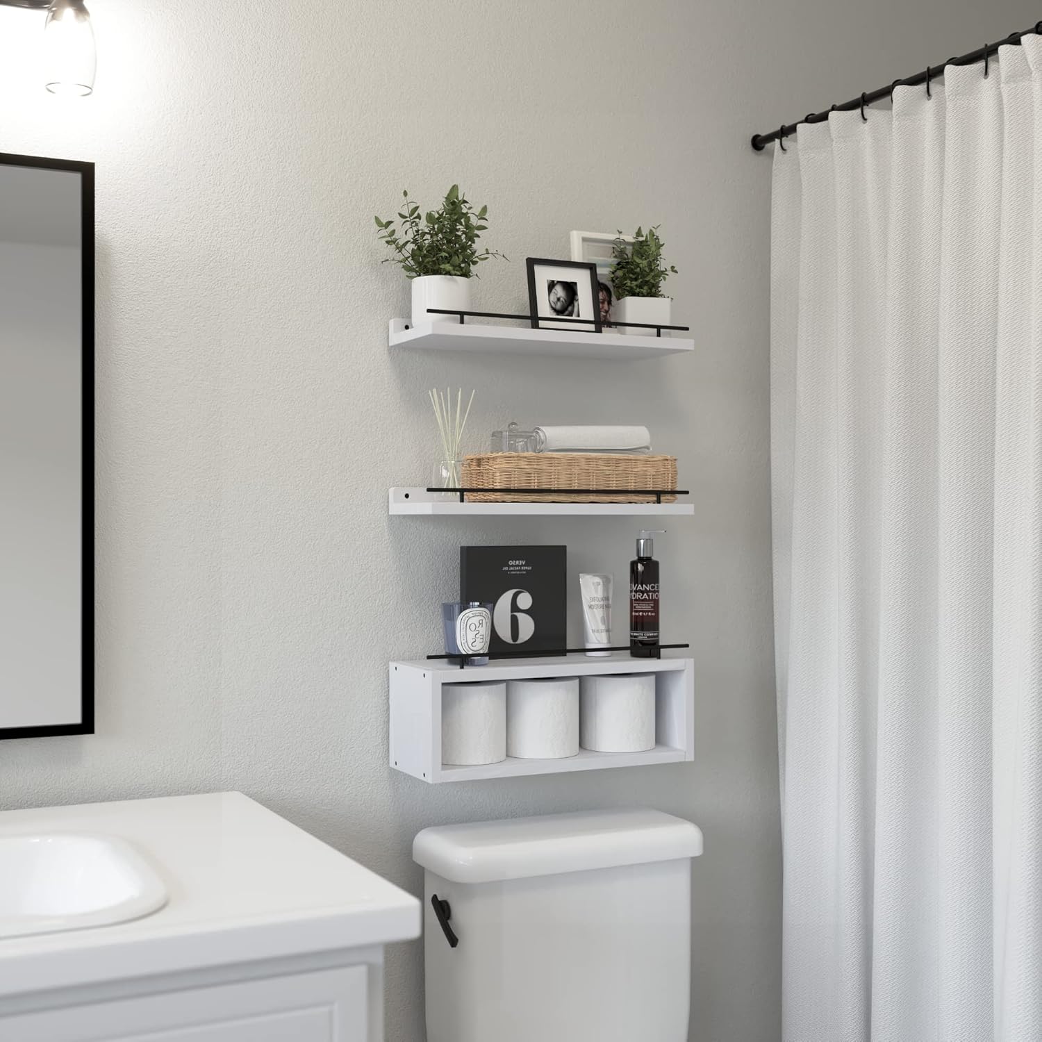 WOPITUES Floating Shelves for Wall with Cube Shelf and Metal Rail