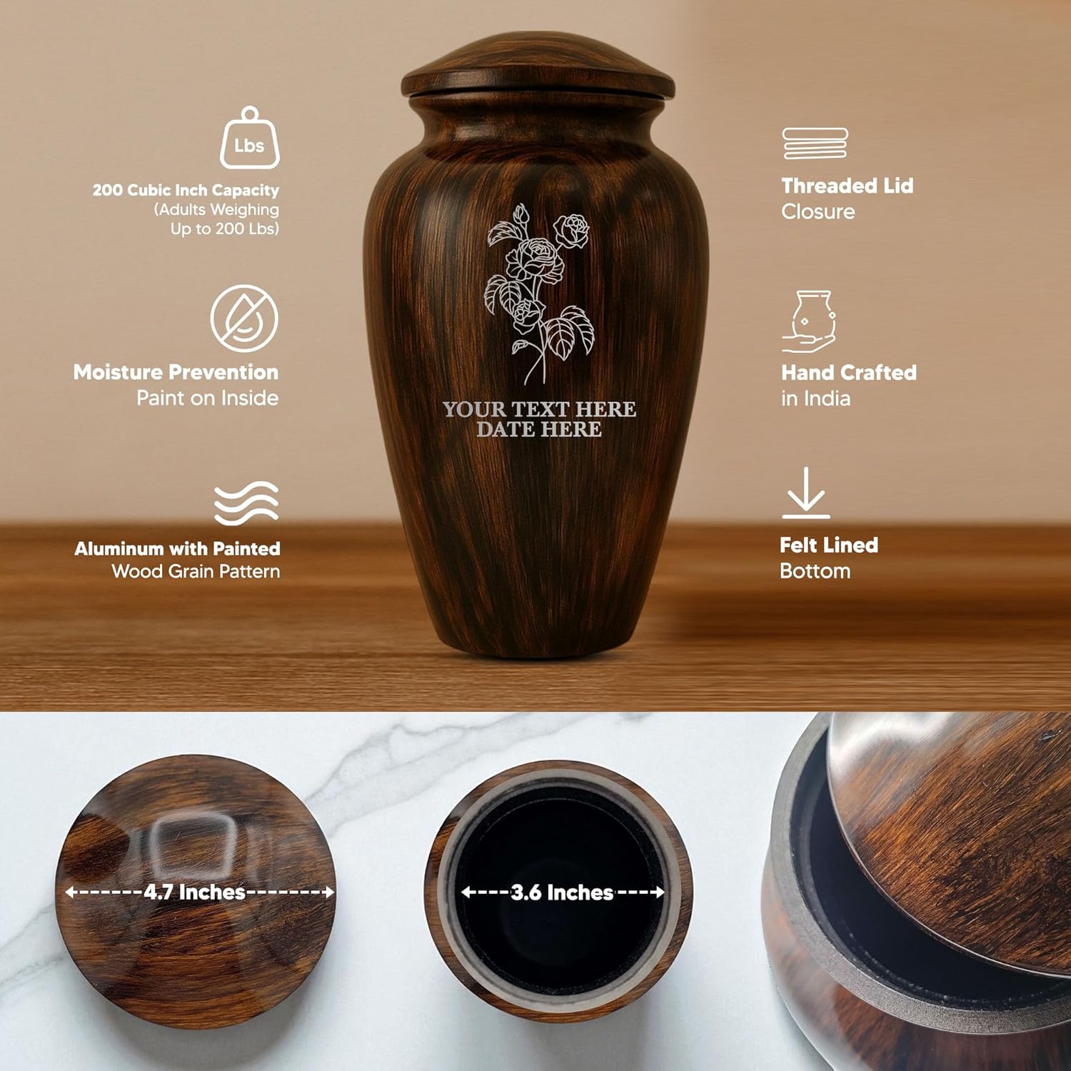 Custom Cremation Urn with Painted Wood Finish and Floral Design