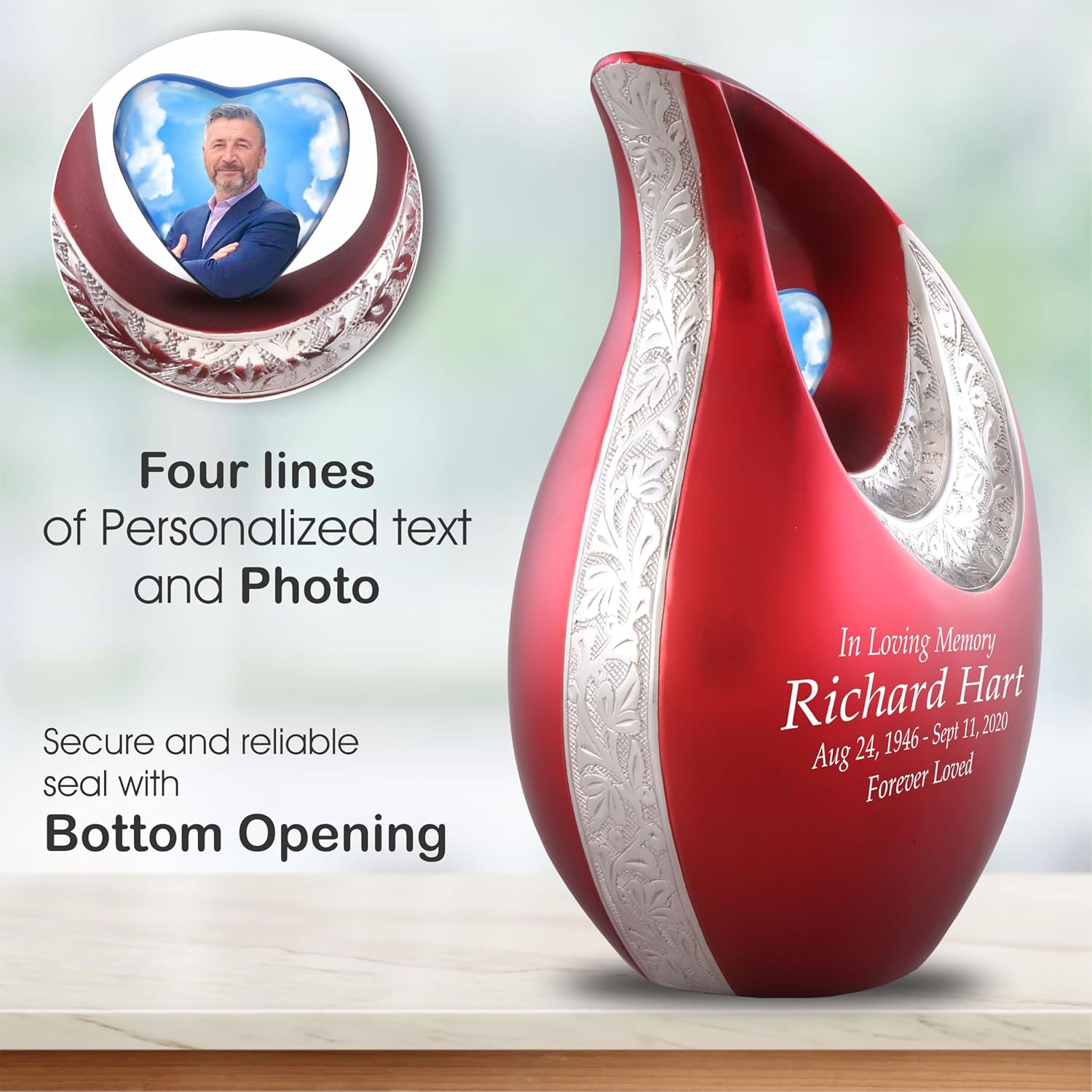 Personalized Photo Text Red Teardrop Cremation Urns for Adult Ashes