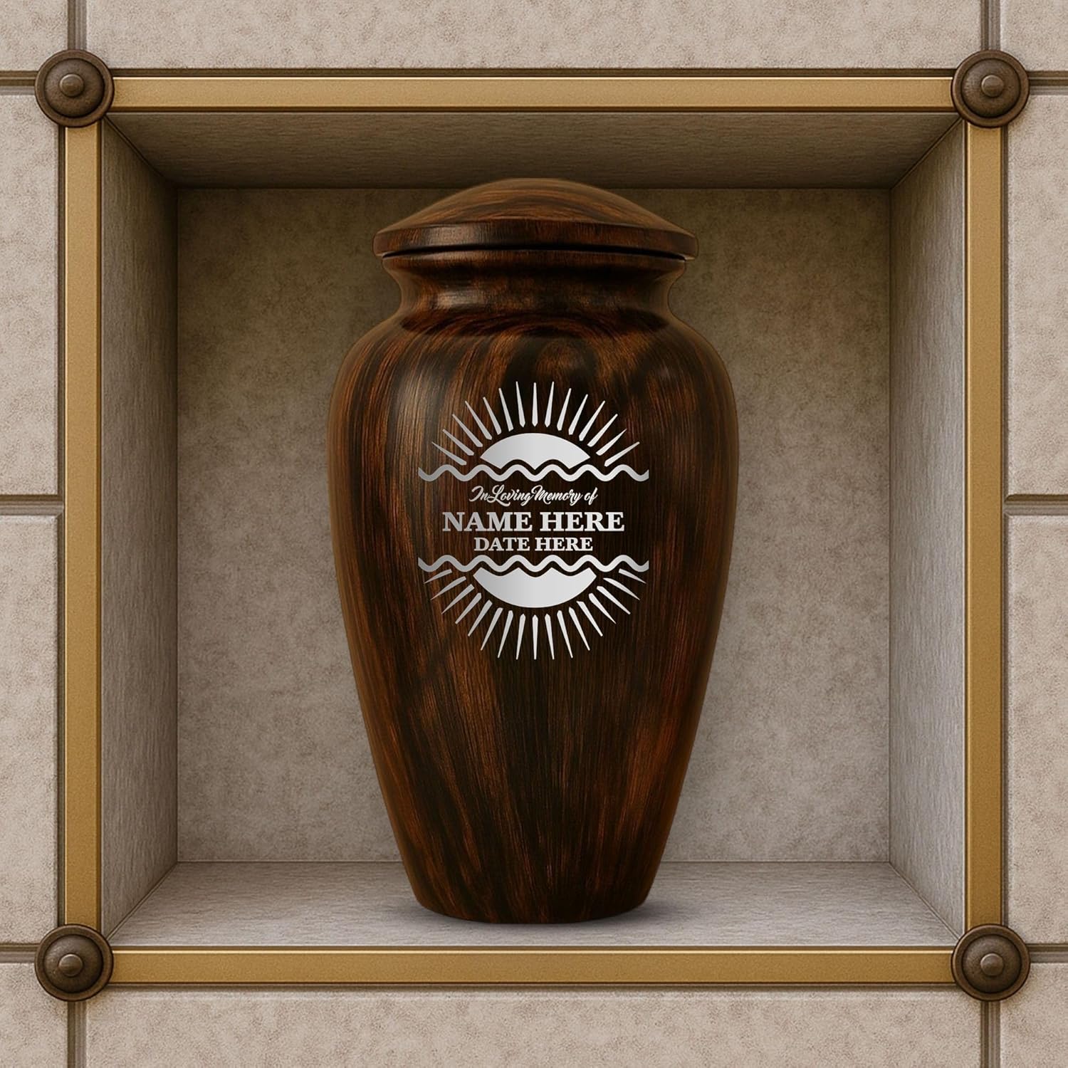 Custom Metal Urn with Painted Wood Finish and Sunbeam Design