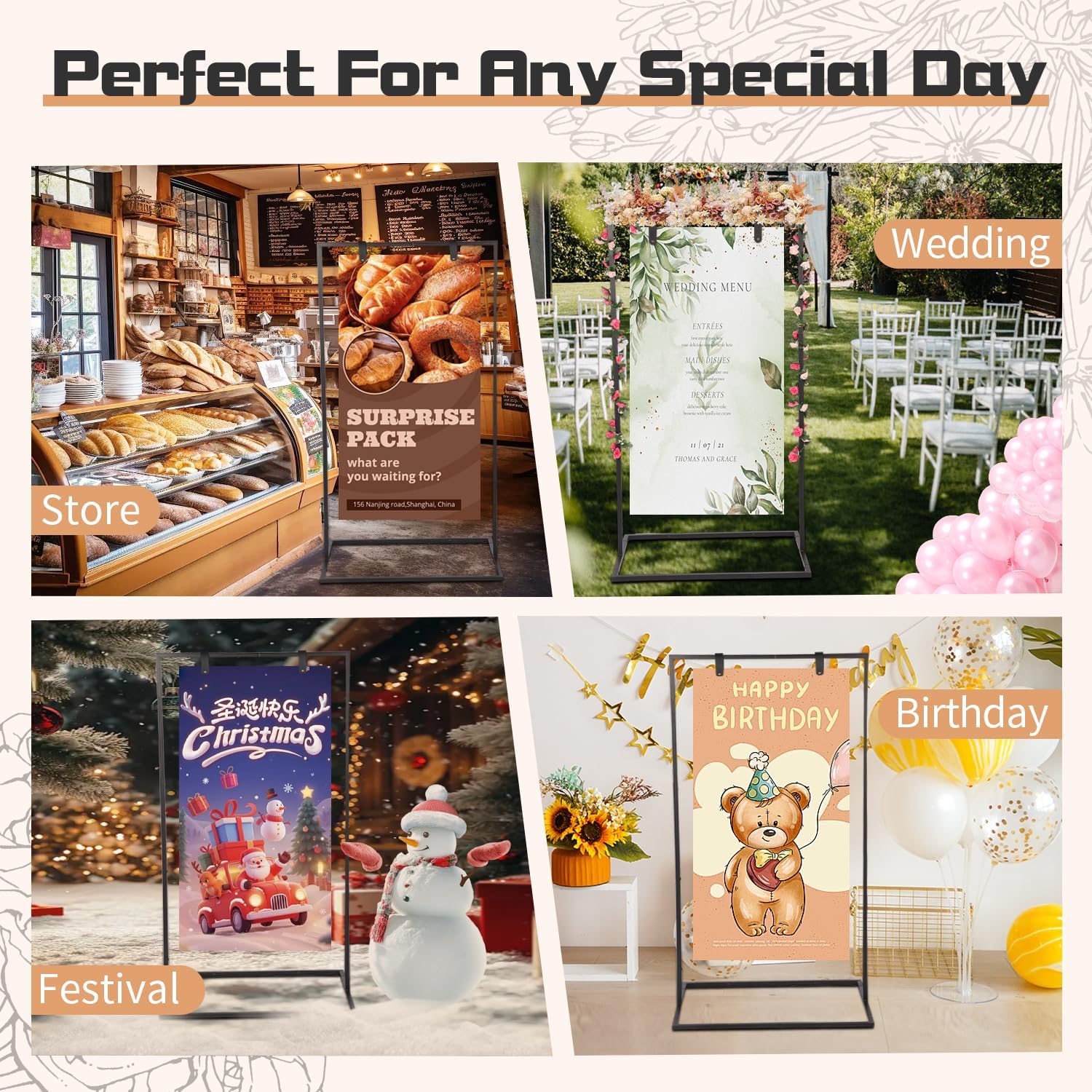 Adjustable Wedding Sign Stand with 4 Leather Straps