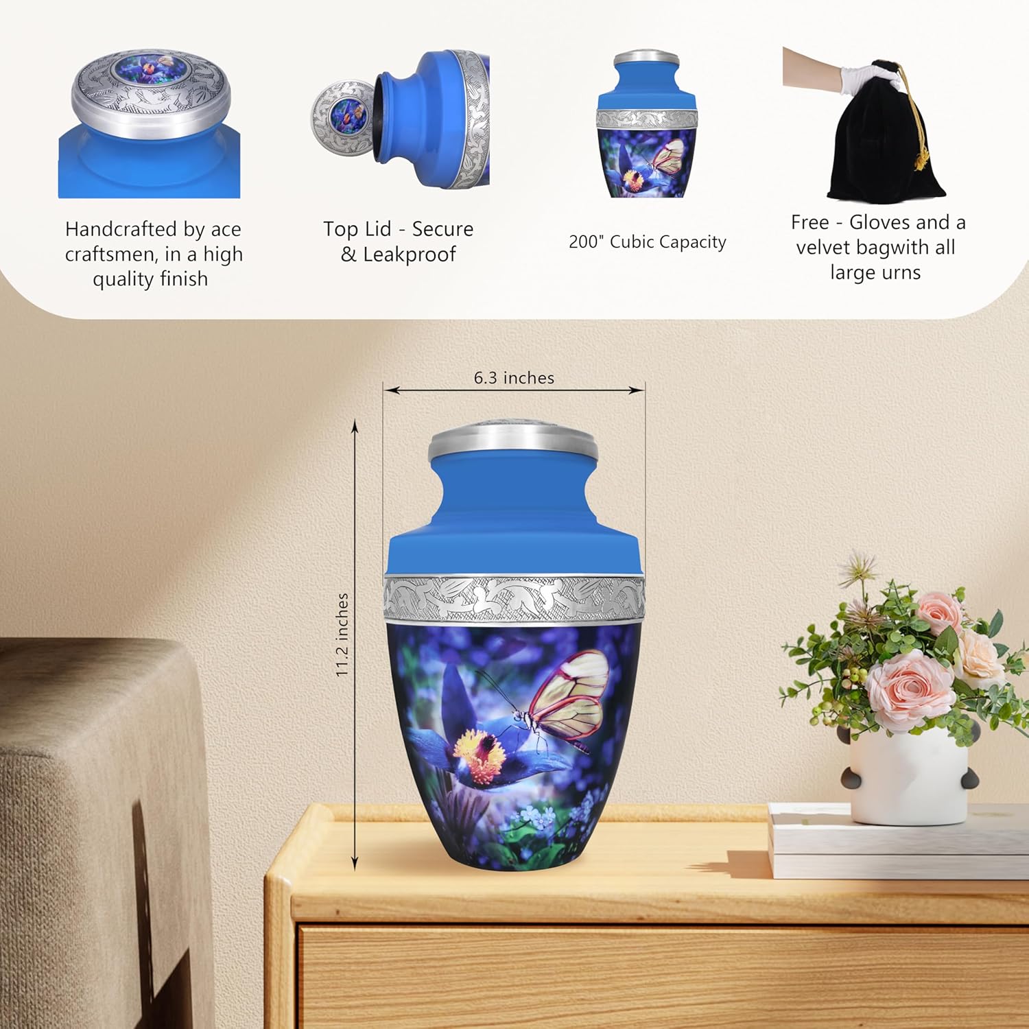 M MEILINXU Urn with Butterflies Blue Large