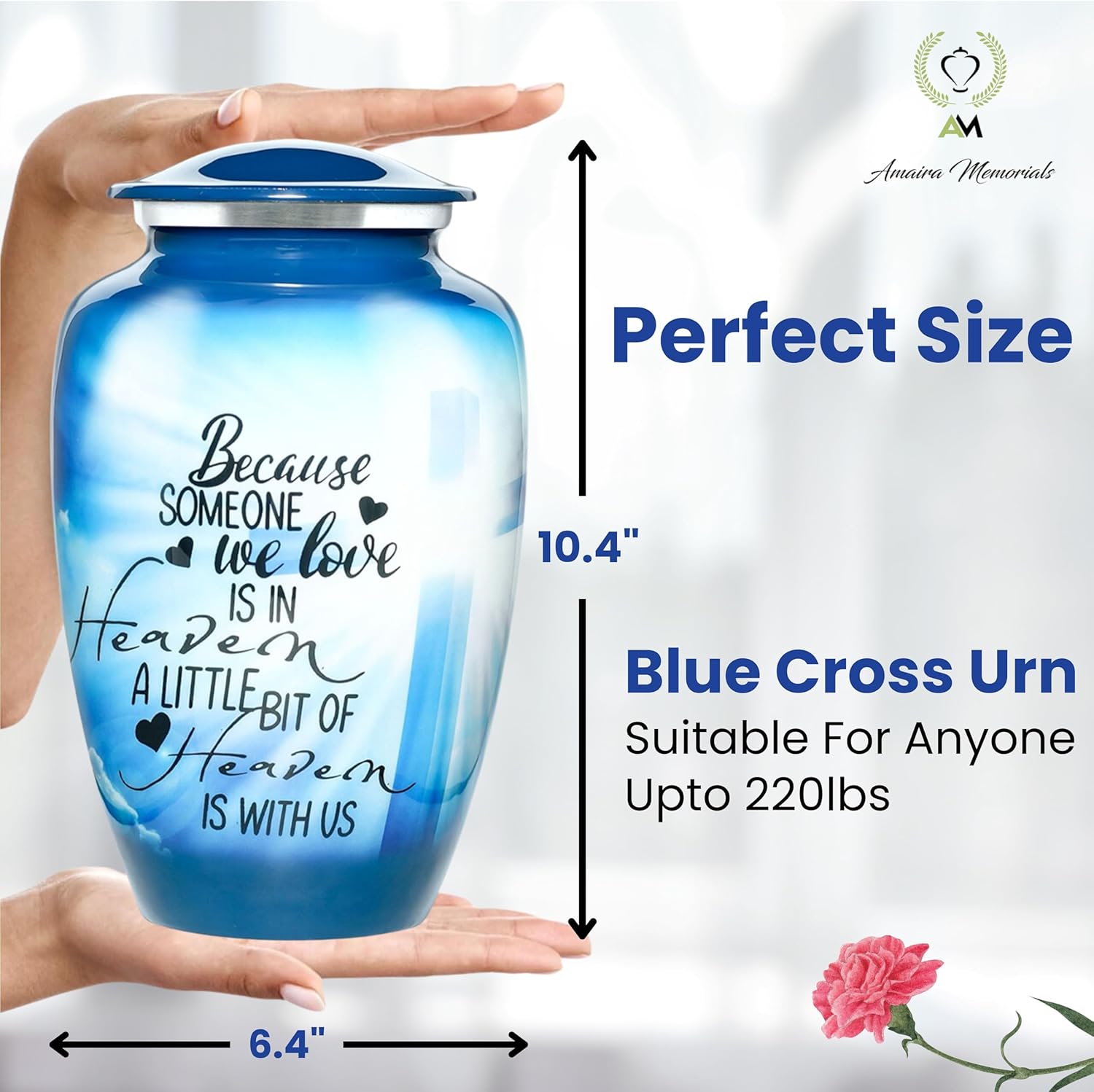 Handcrafted Blue Cross Urn for Human Ashes - 200 LBS Capacity