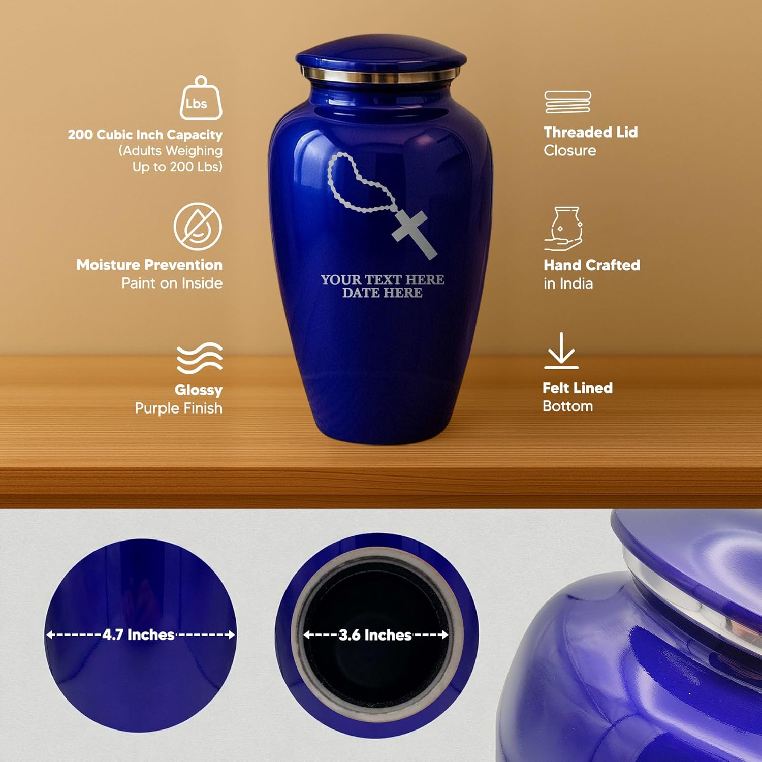 Custom Purple Metal Cremation Urn with Rosary Design
