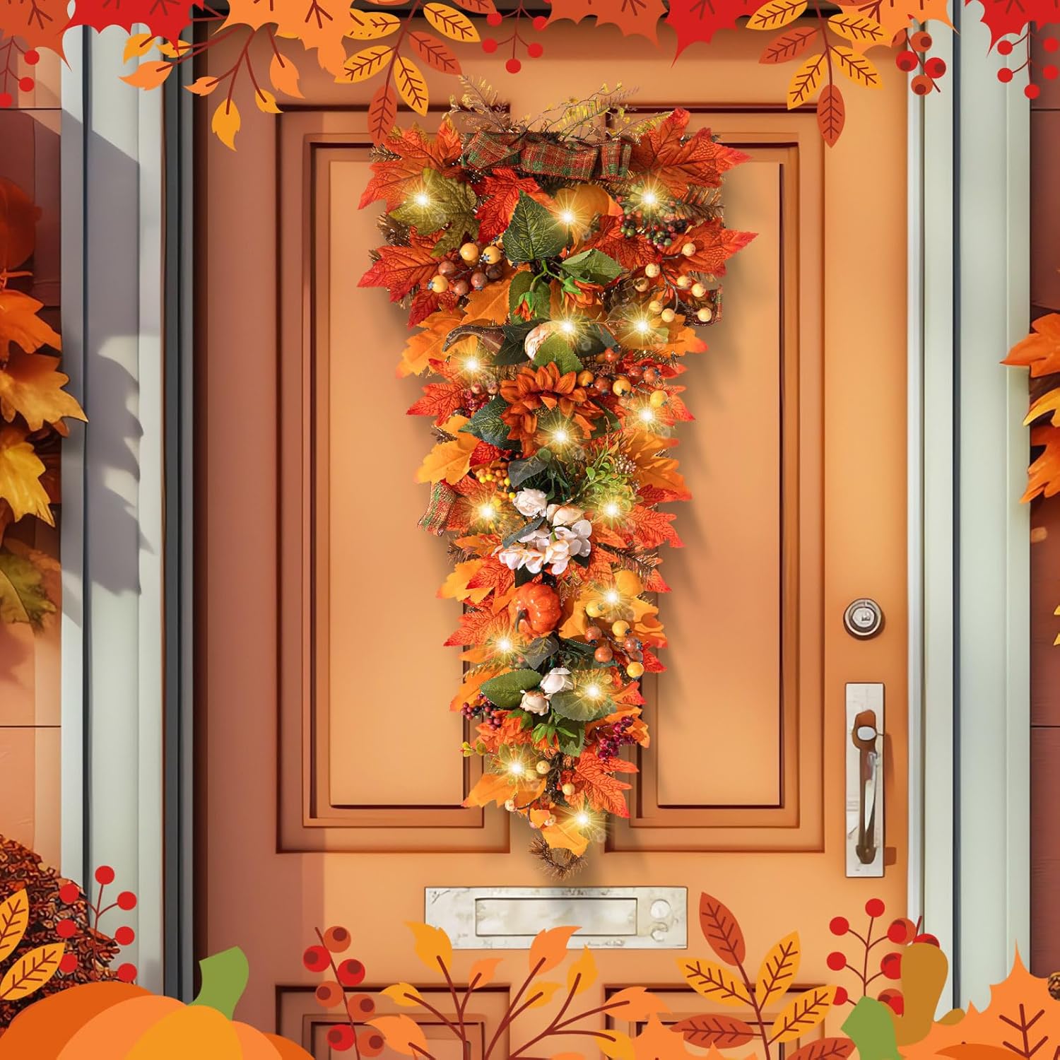 Hotop 2 Pcs 36 Inch Artificial Fall Wreath with LED Lights