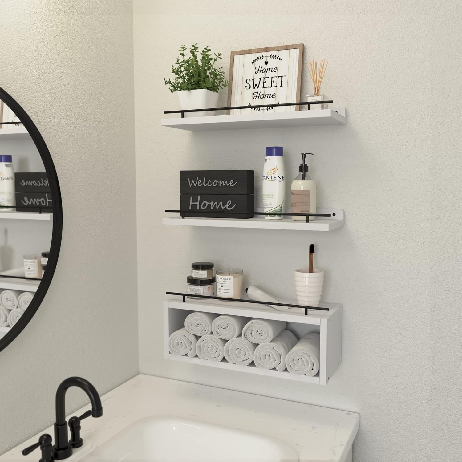 WOPITUES Floating Shelves for Wall with Cube Shelf and Metal Rail