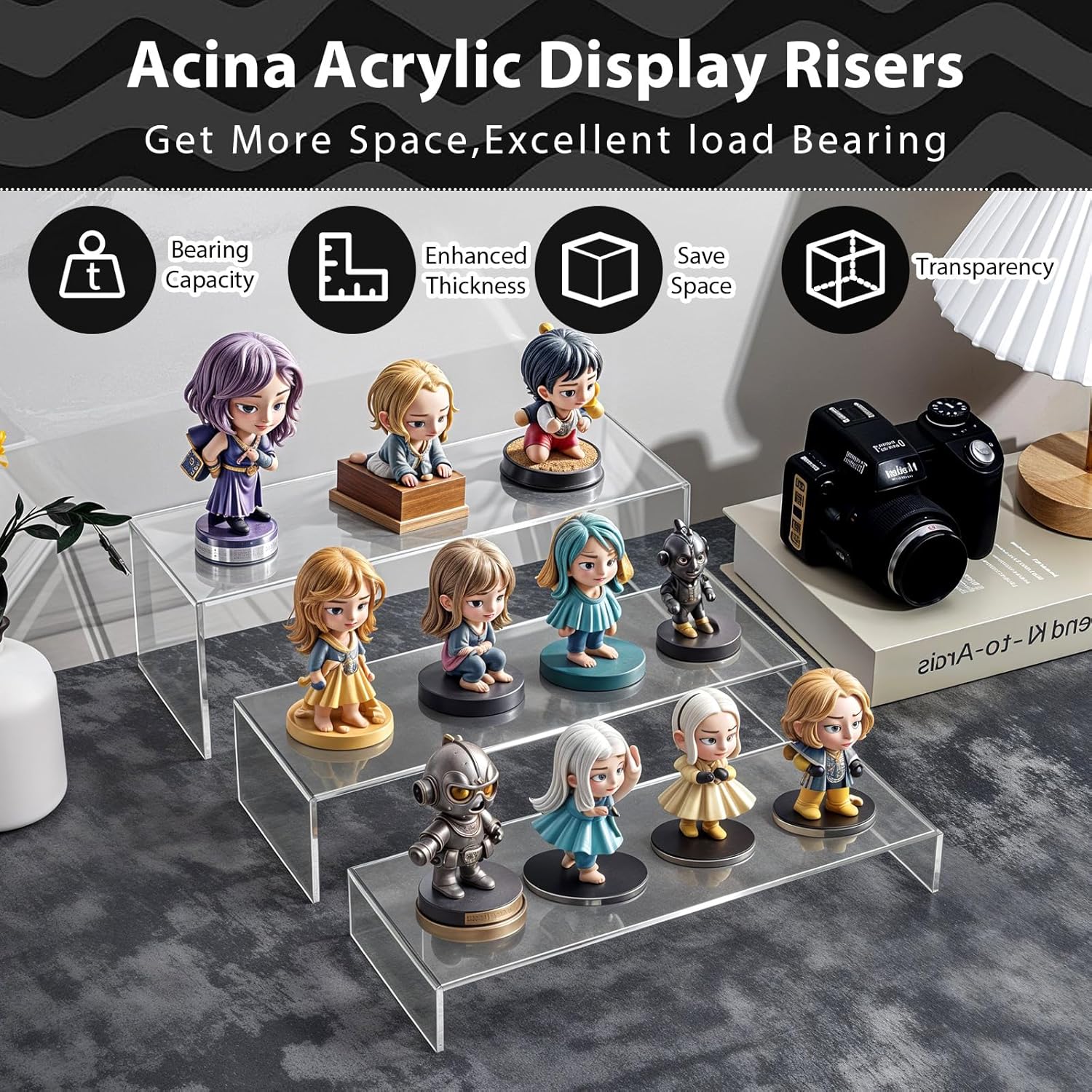 6Pcs Clear Rectangular Acrylic Display Risers for Collectibles and Jewelry