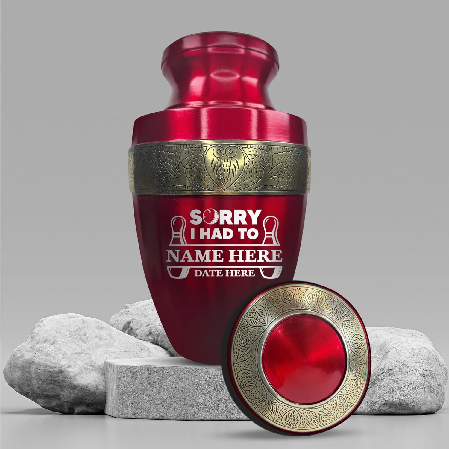 Elite Funny Bowling Urn with Custom Engraving Gold Rim 200 Lbs Capacity Red