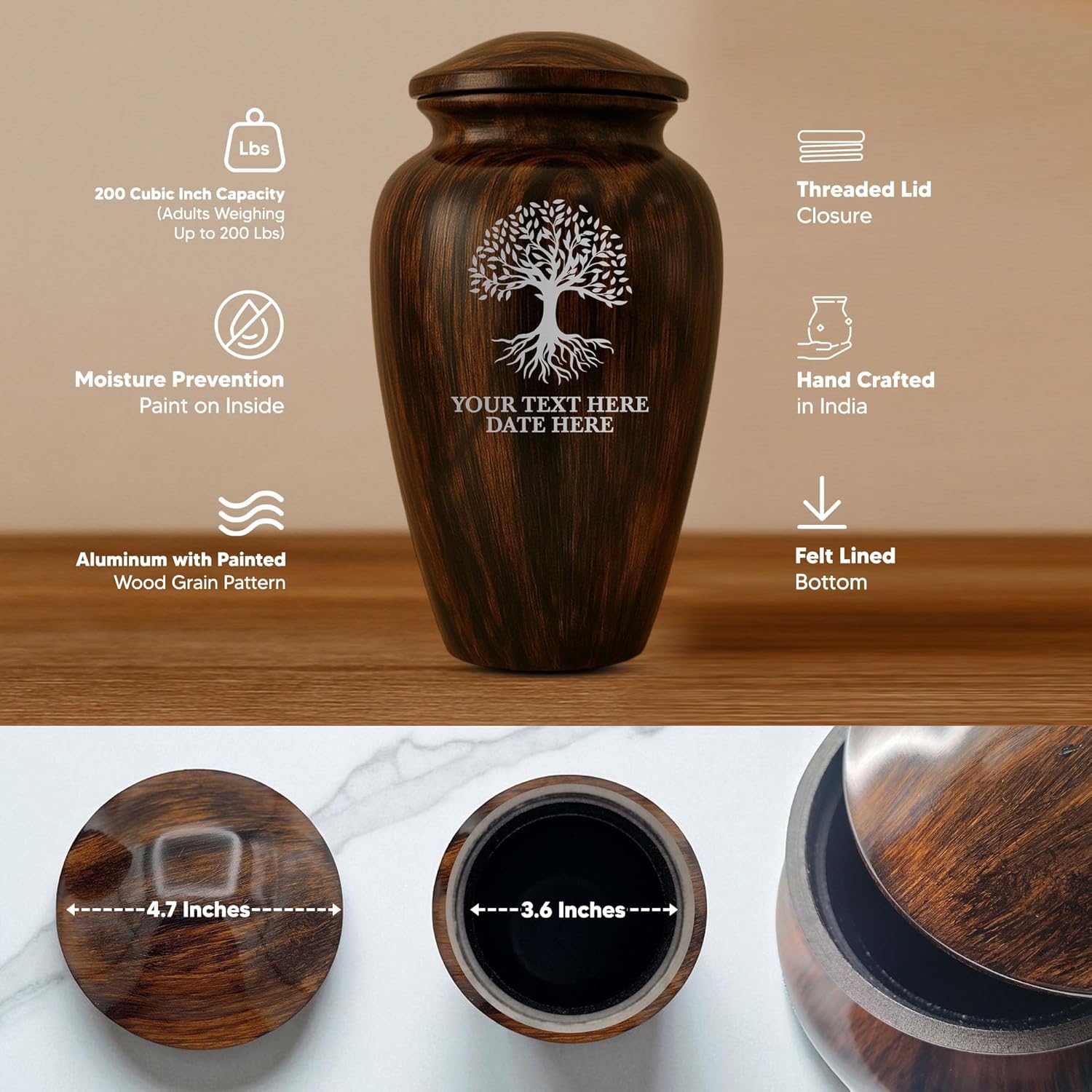 Custom Cremation Urn with Painted Wood Finish and Tree of Life Design