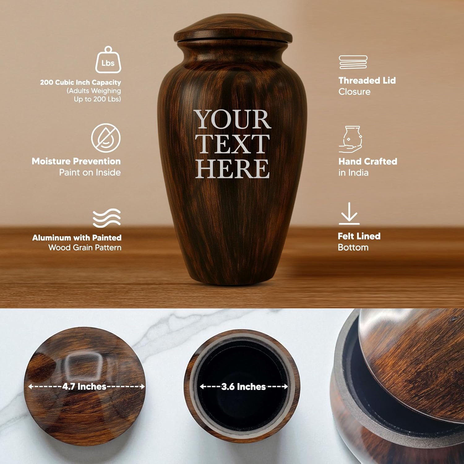 Custom Cremation Urn with Painted Wood Finish and Personalized Text