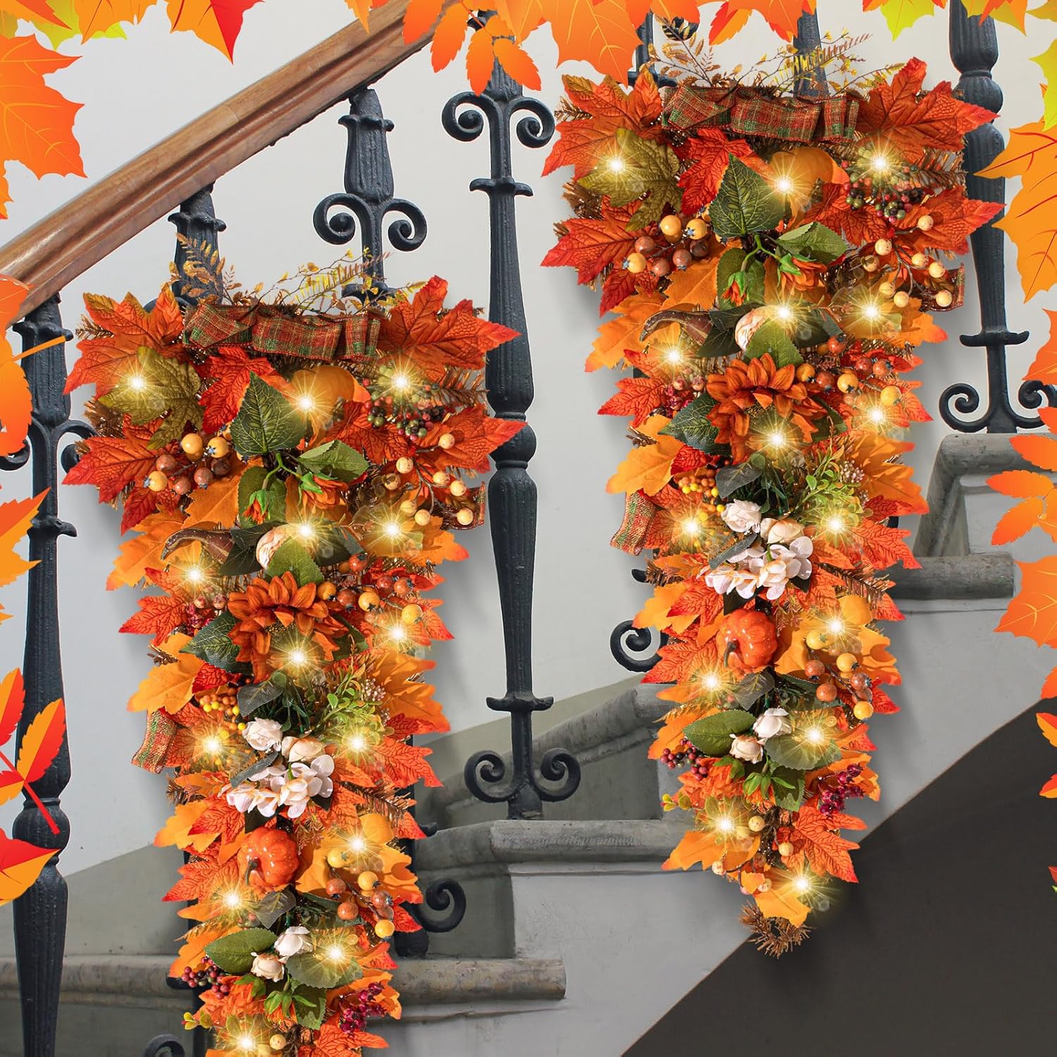Hotop 2 Pcs 36 Inch Artificial Fall Wreath with LED Lights