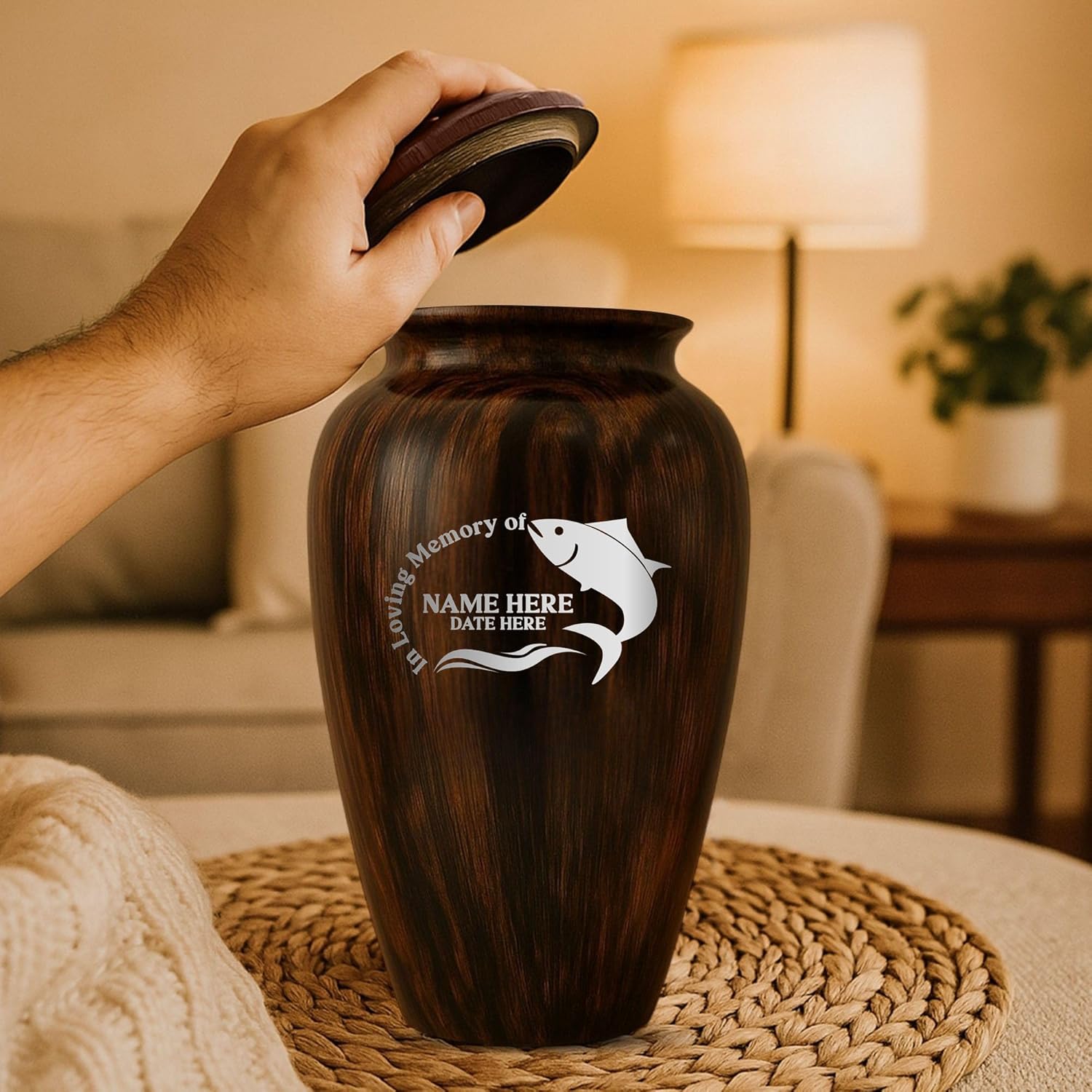 Custom Cremation Urn with Painted Wood Finish and Funny Fishing Design
