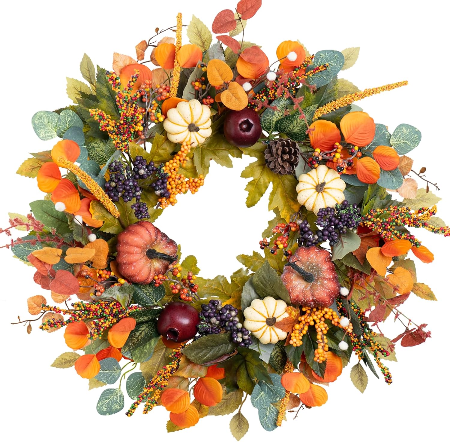 Fall Wreath with Pumpkins and Pinecones 24 Inch