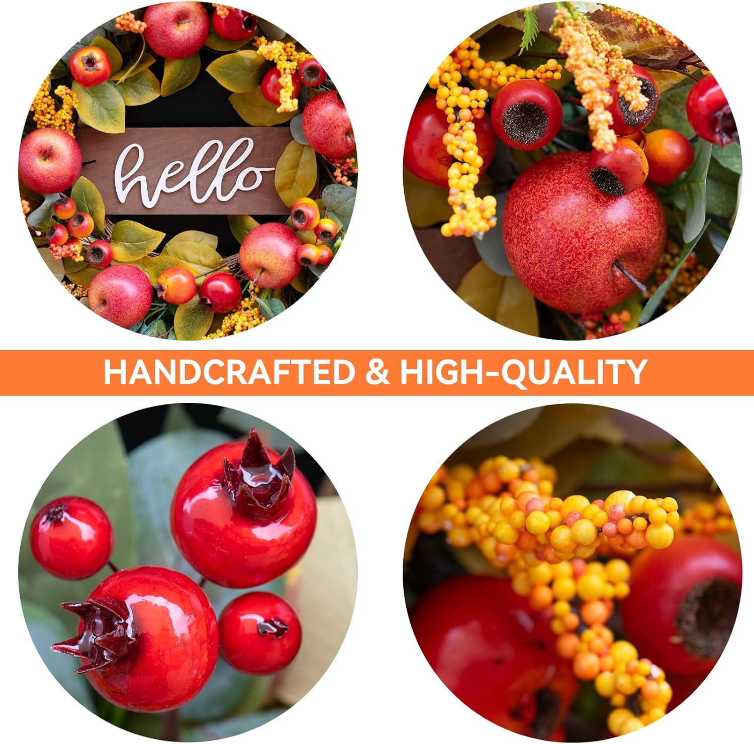 24 Inch Fall Wreath with Apples and Wooden Hello Sign