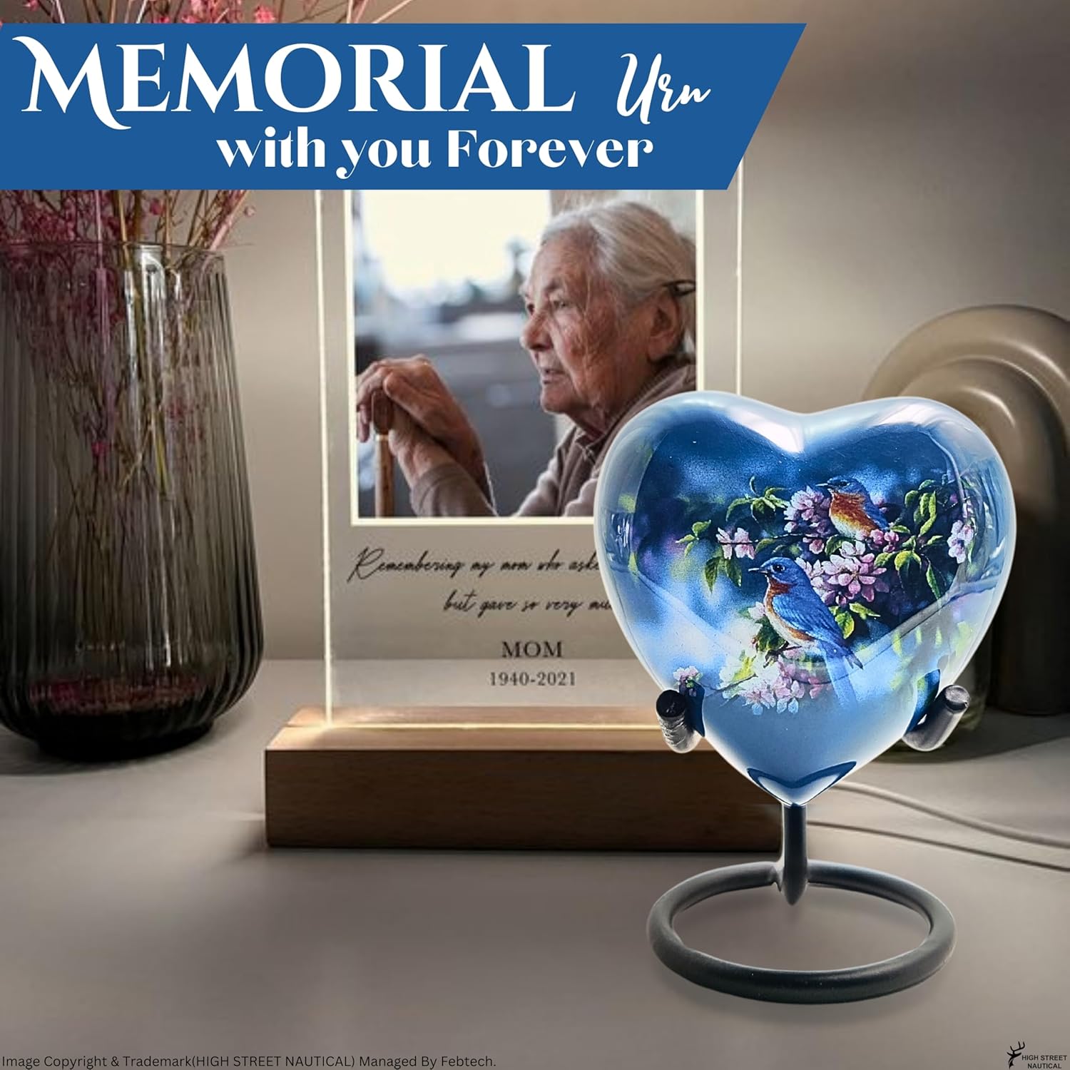 Highstreet Nautical Exquisite Heart Glass Urn with Bluebird and Flower Scene