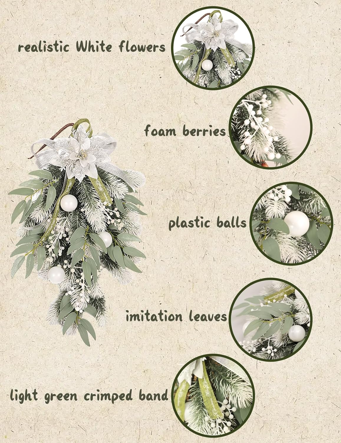 White Wreath Teardrop Wall Decor for Christmas and Wedding