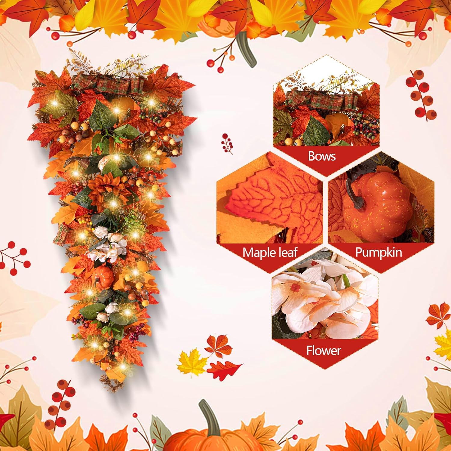 Hotop 2 Pcs 36 Inch Artificial Fall Wreath with LED Lights