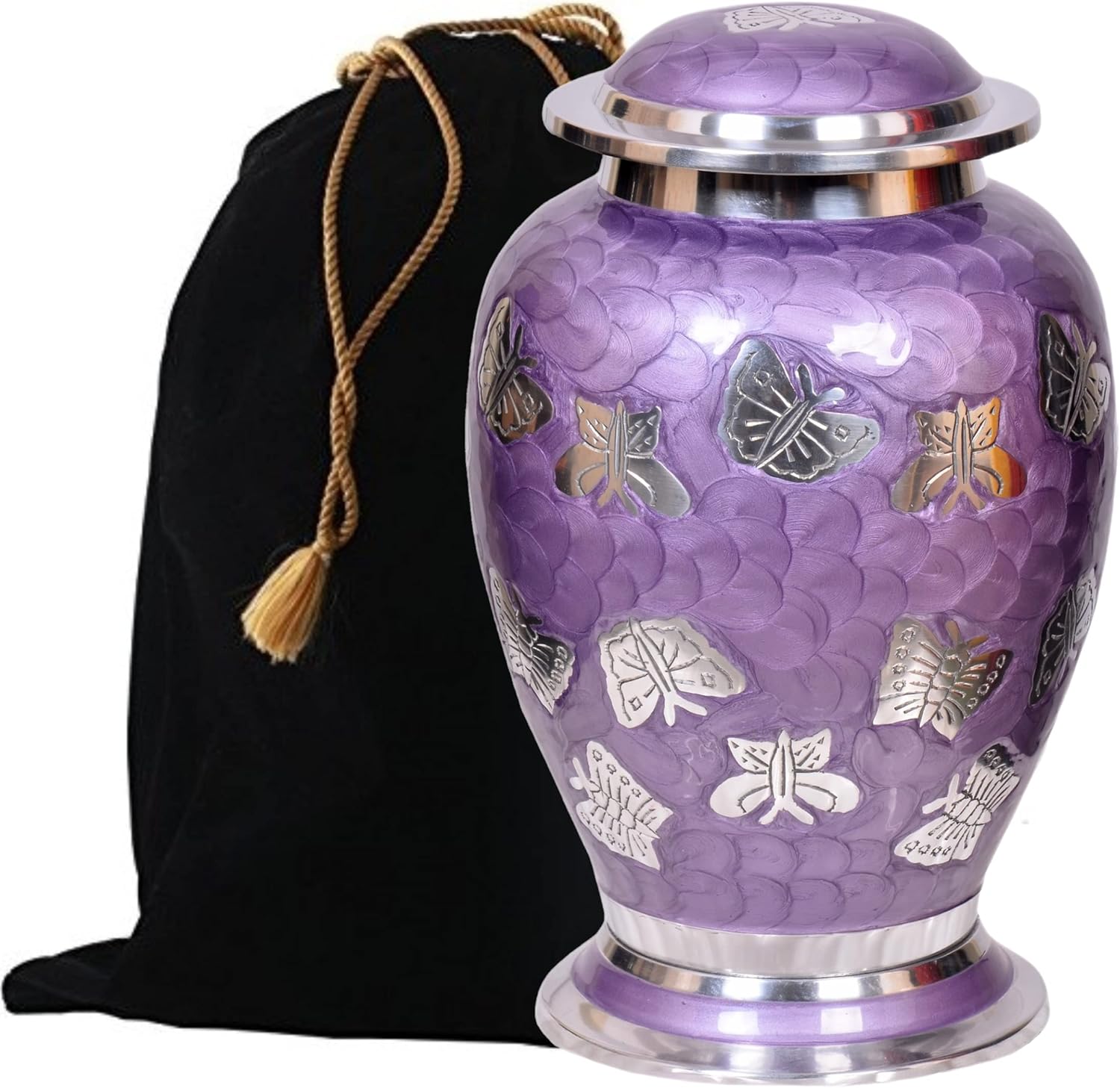 Lavender Butterflies Cremation Urn - Handcrafted Metal Purple Urn with Free Bag