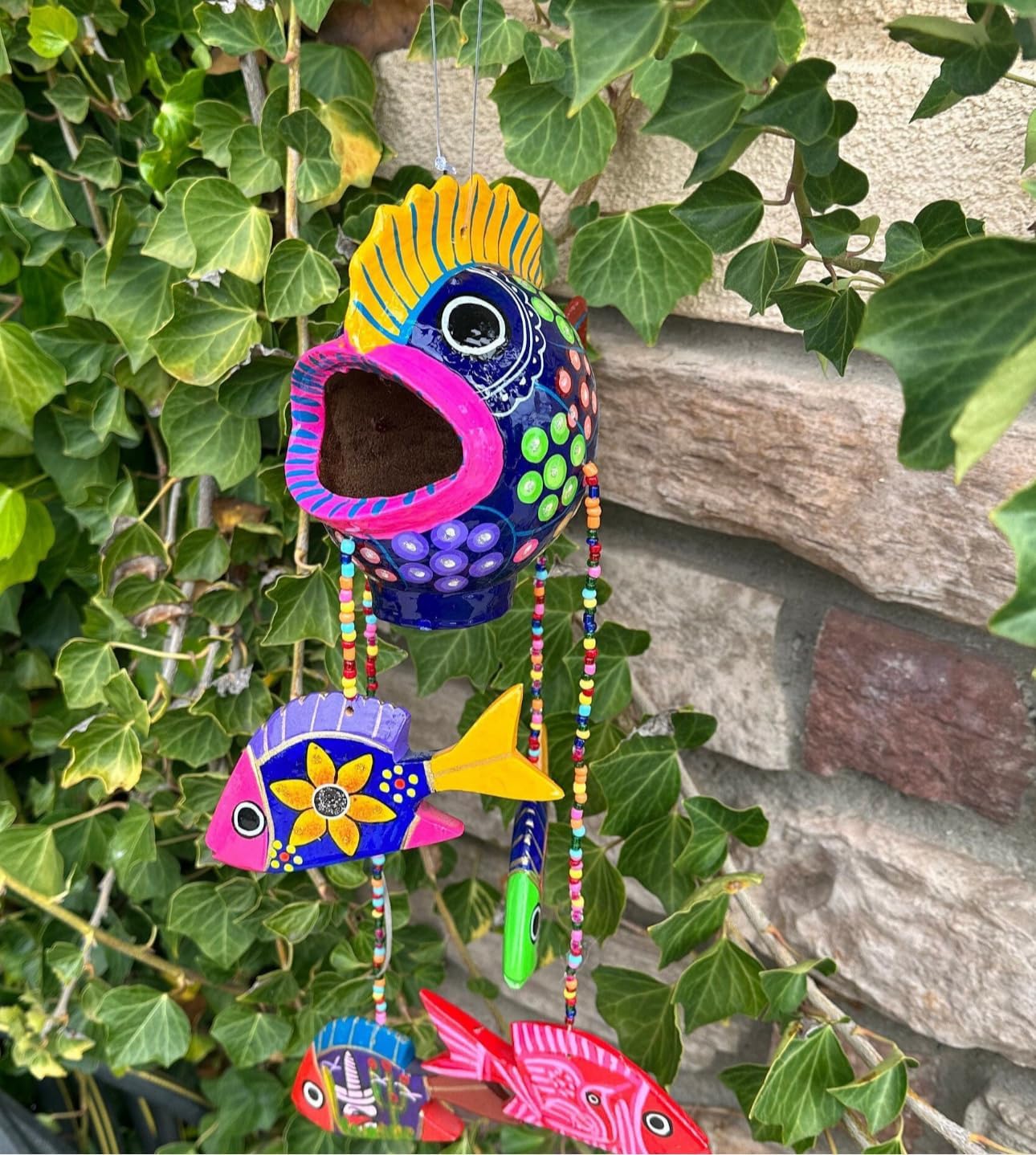 Handmade Mexican Pottery Fish Mobile - 6x6 Inches with 15-Inch Dangling Fish