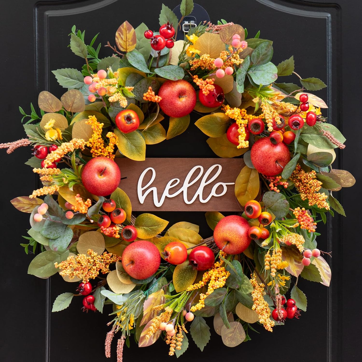 24 Inch Fall Wreath with Apples and Wooden Hello Sign