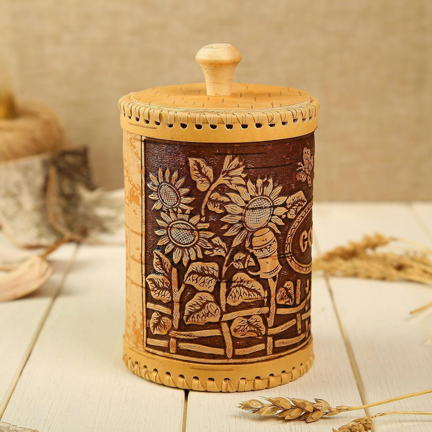 Handmade Birch Bark Salt Container with Floral Design