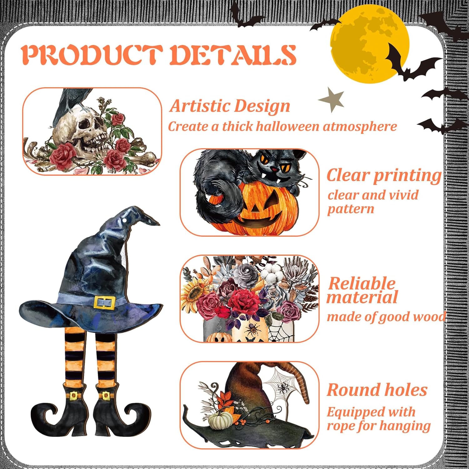 Huwena 36 Pcs Halloween Wood Ornament Set