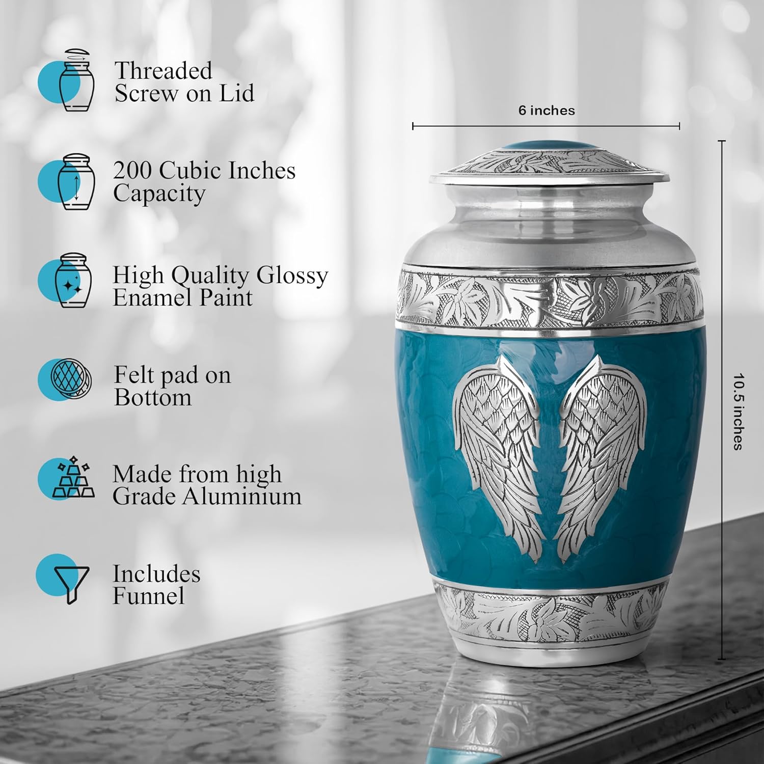 Angel Wings Cremation Urn - Large Teal Blue