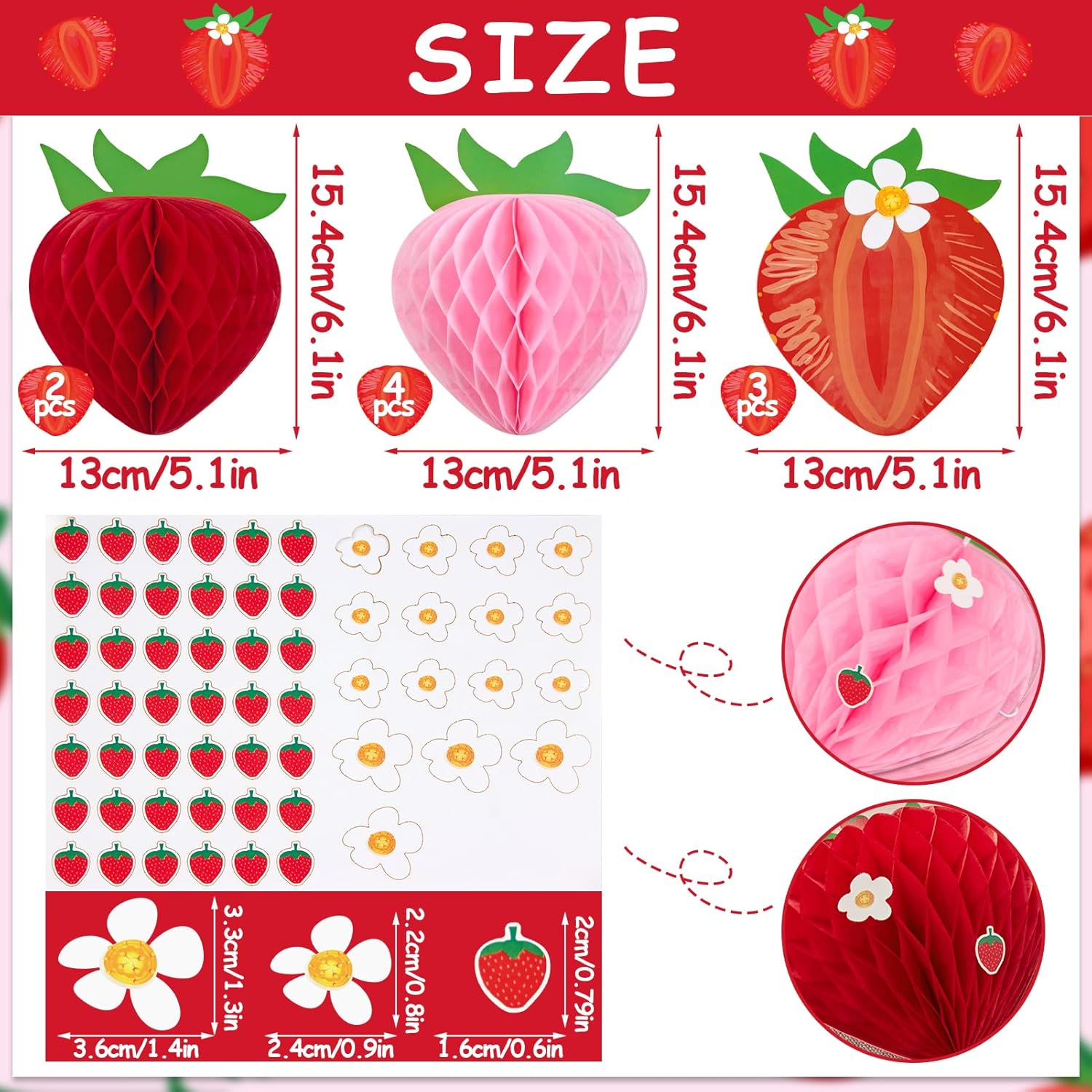 9PCS Strawberry Honeycomb Hanging Decorations