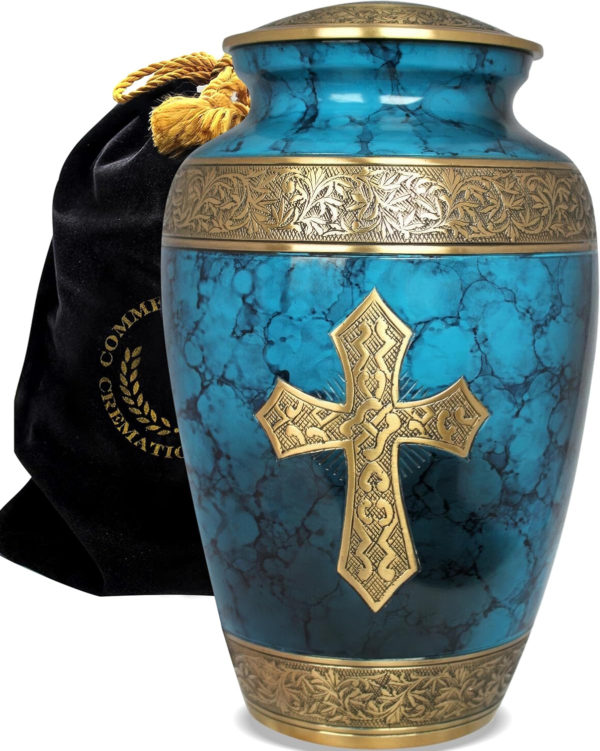 Blue Cross Cremation Urn for Ashes - Handcrafted Decorative Urn