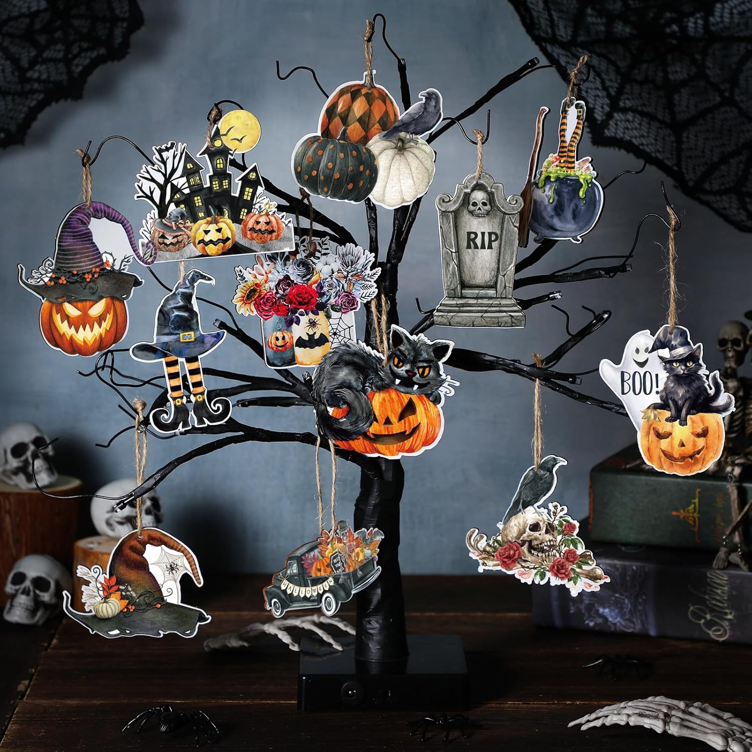 Huwena 36 Pcs Halloween Wood Ornament Set