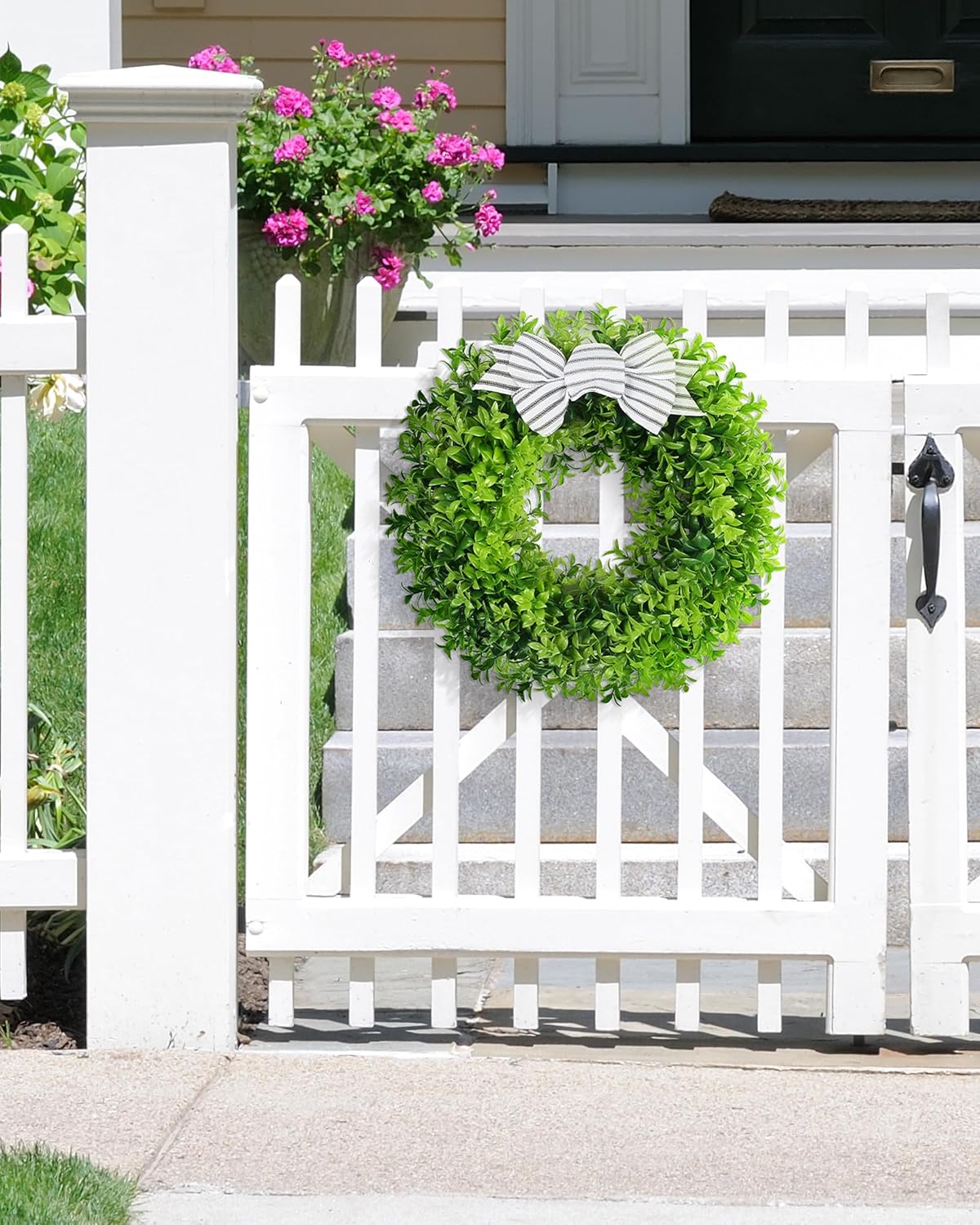 18 Inch Faux Boxwood Wreath with Plaid Bow and Sash