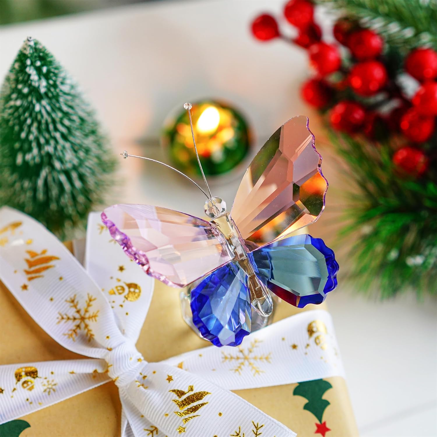 HD Pink Crystal Butterfly Figurine with Crystal Ball Base