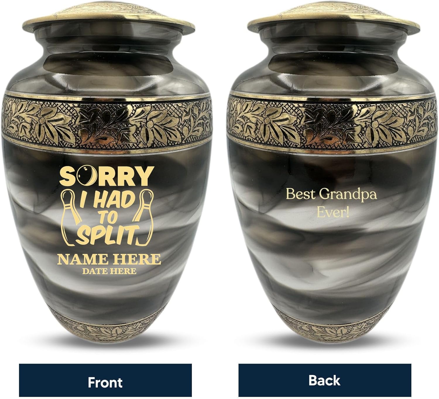 Custom Cremation Urn with Gold Engraving and Bowling Theme