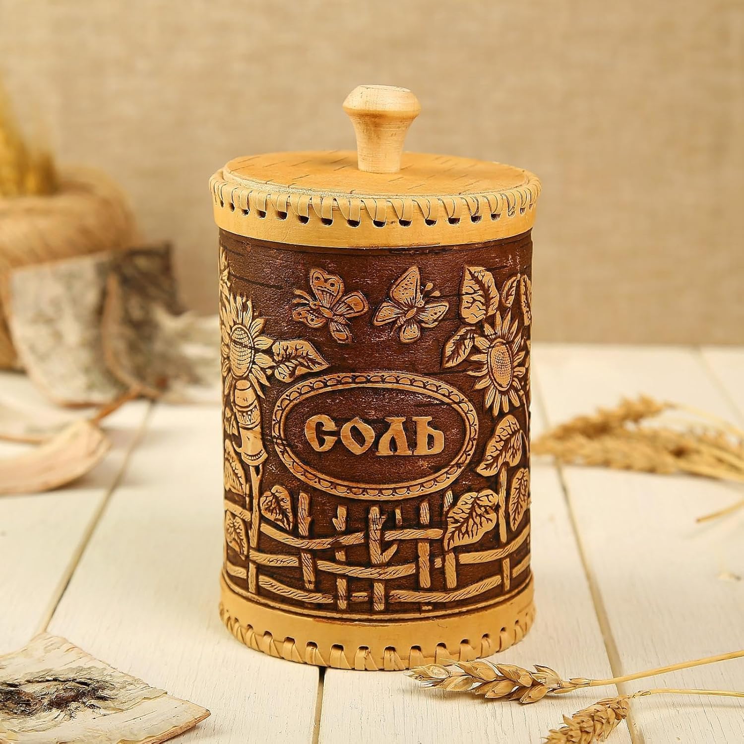 Handmade Birch Bark Salt Container with Floral Design