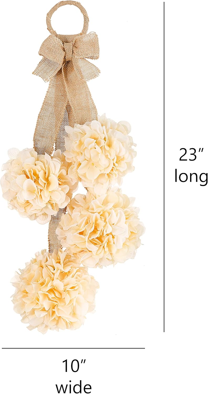 Farmhouse Cream Hydrangea Swag with Burlap Ribbon Tie - 23 Inches