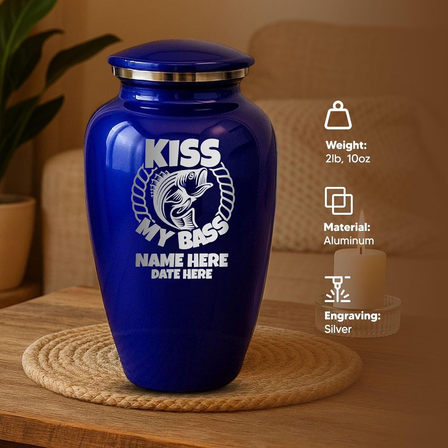 Custom Cremation Urn with Funny Fishing Design Purple