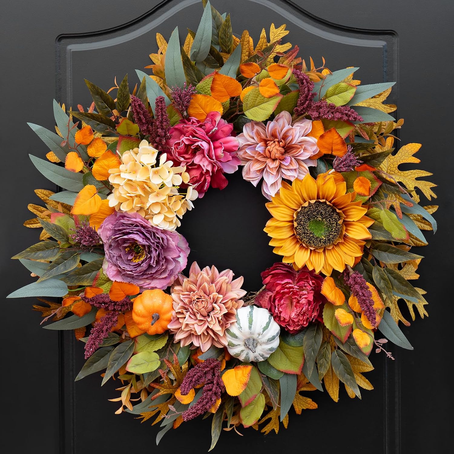 24 Inch Fall Wreath with Sunflowers Pumpkins Peonies Hydrangeas Dahlias Eucalyptus