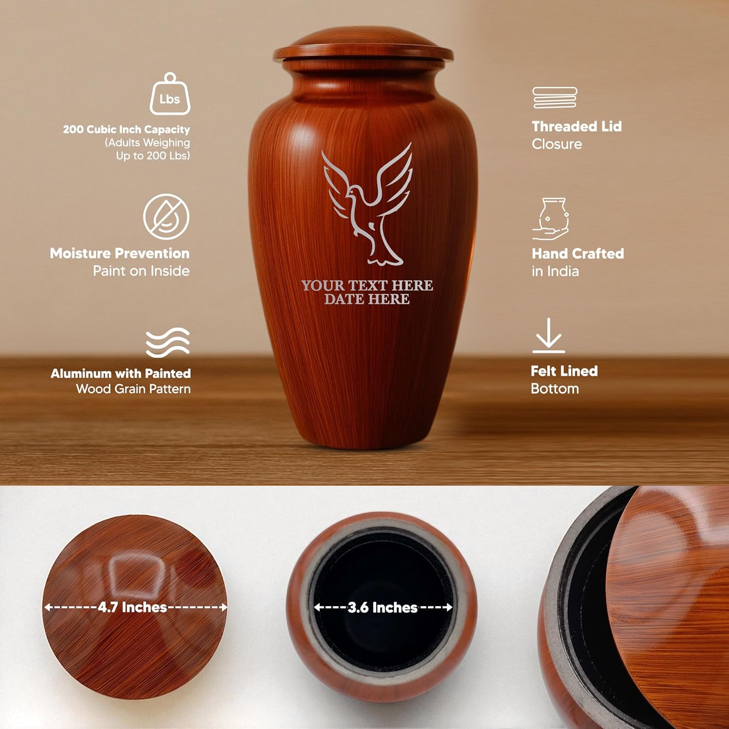Custom Cremation Urn with Painted Wood Finish and Engraved Dove Design